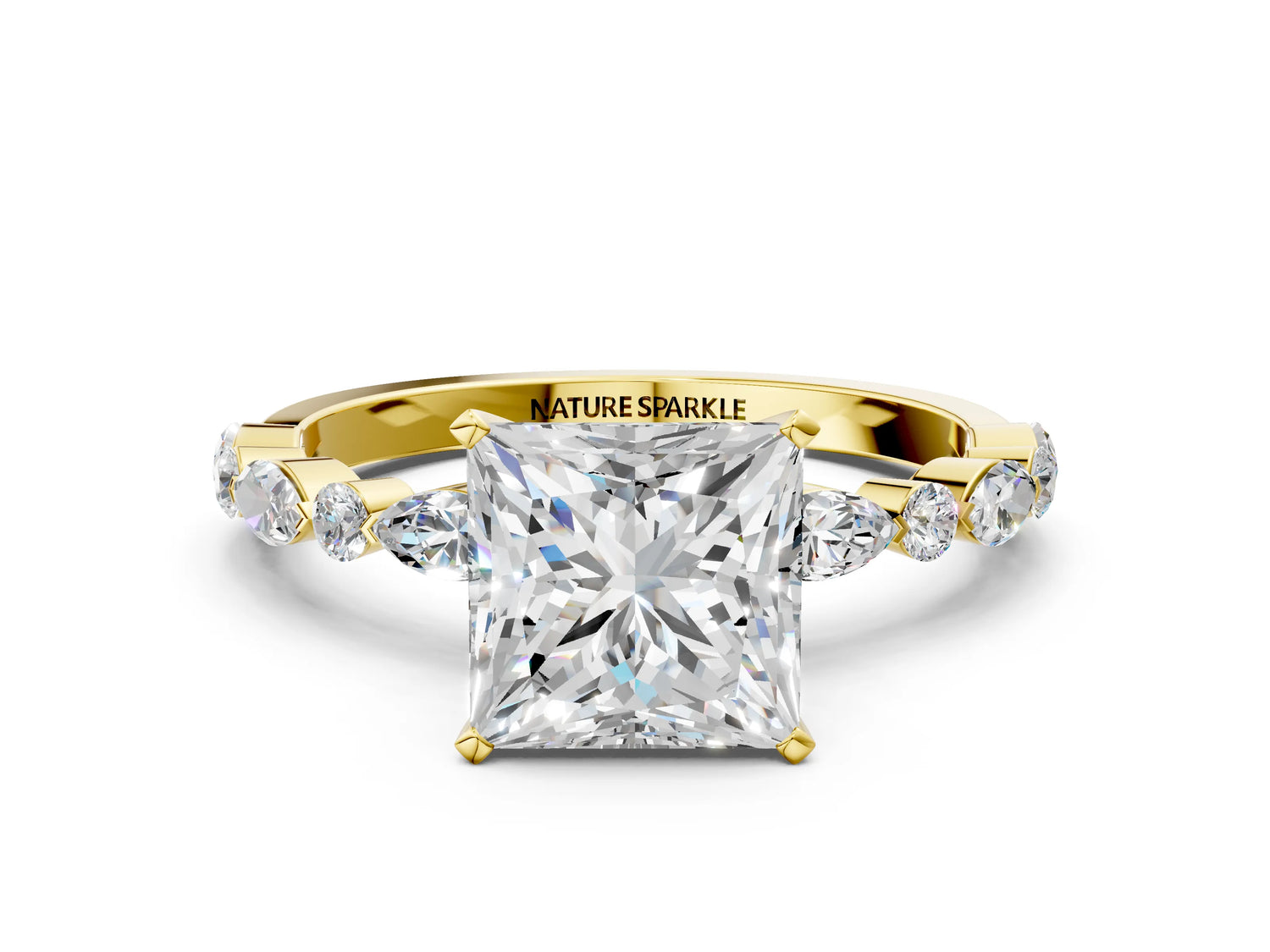 Princess Cut Diamond Solitaire Ring in Yellow gold with Shared Prong Marquise and Round Side Stones_36