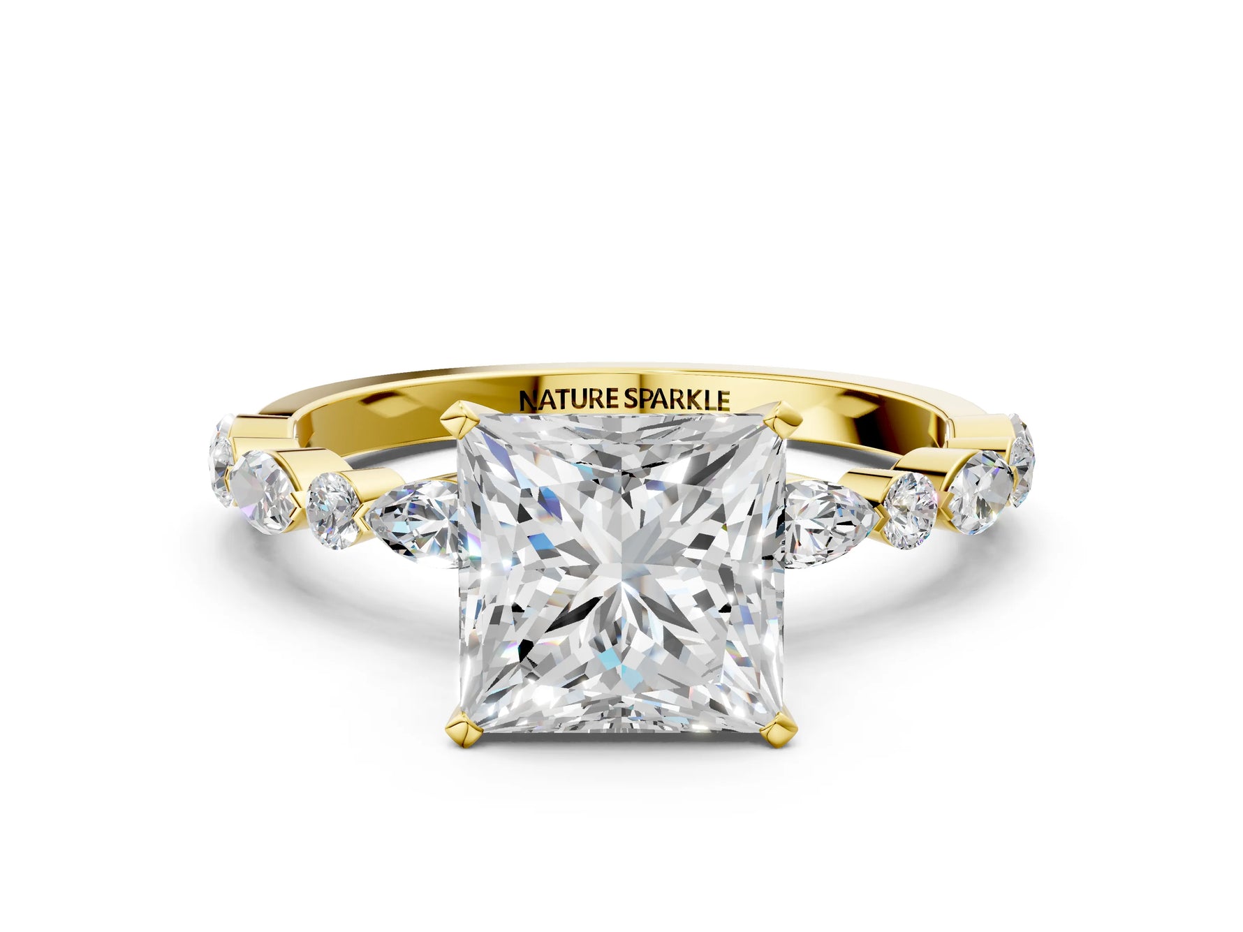 Princess Cut Diamond Solitaire Ring in Yellow gold with Shared Prong Marquise and Round Side Stones_36