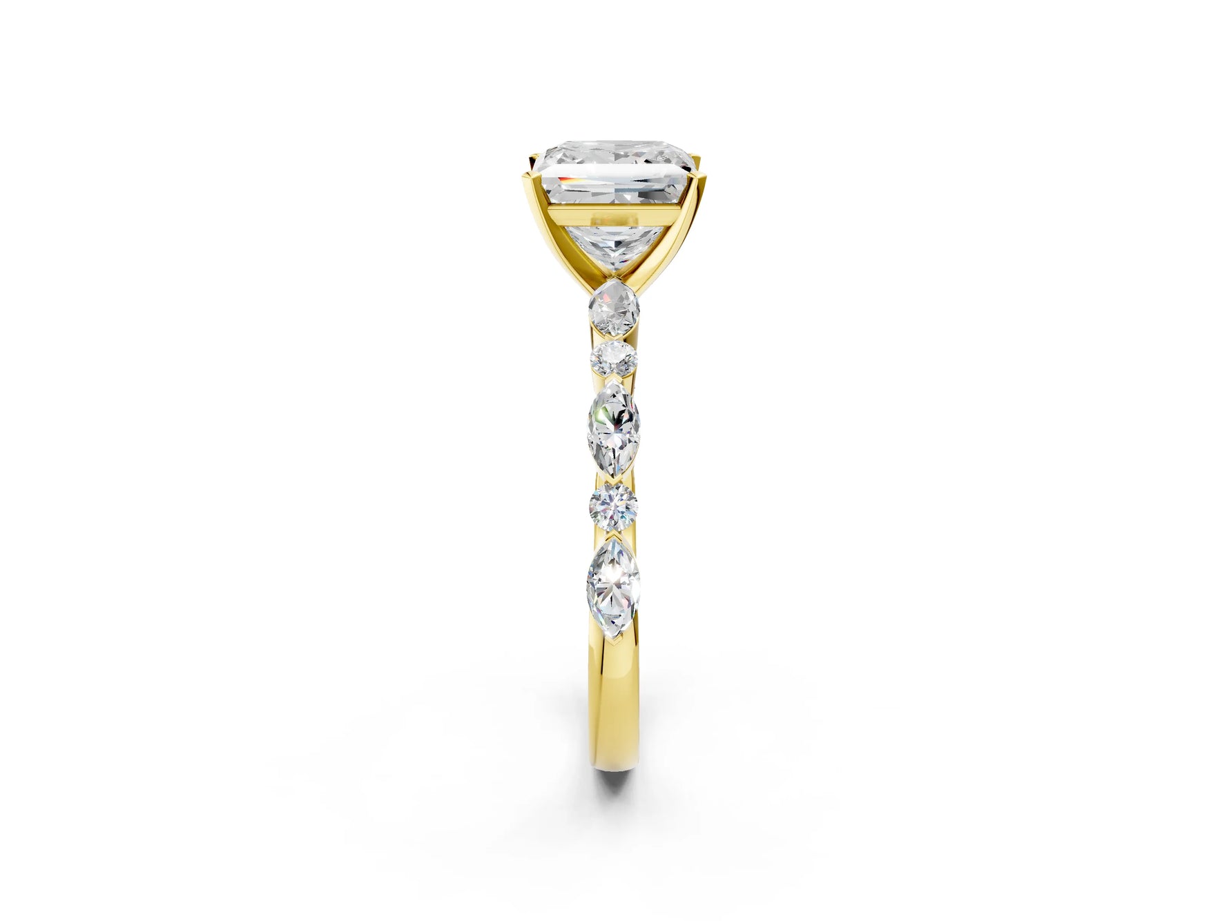 Princess Cut Diamond Solitaire Ring in Yellow gold with Shared Prong Marquise and Round Side Stones_38