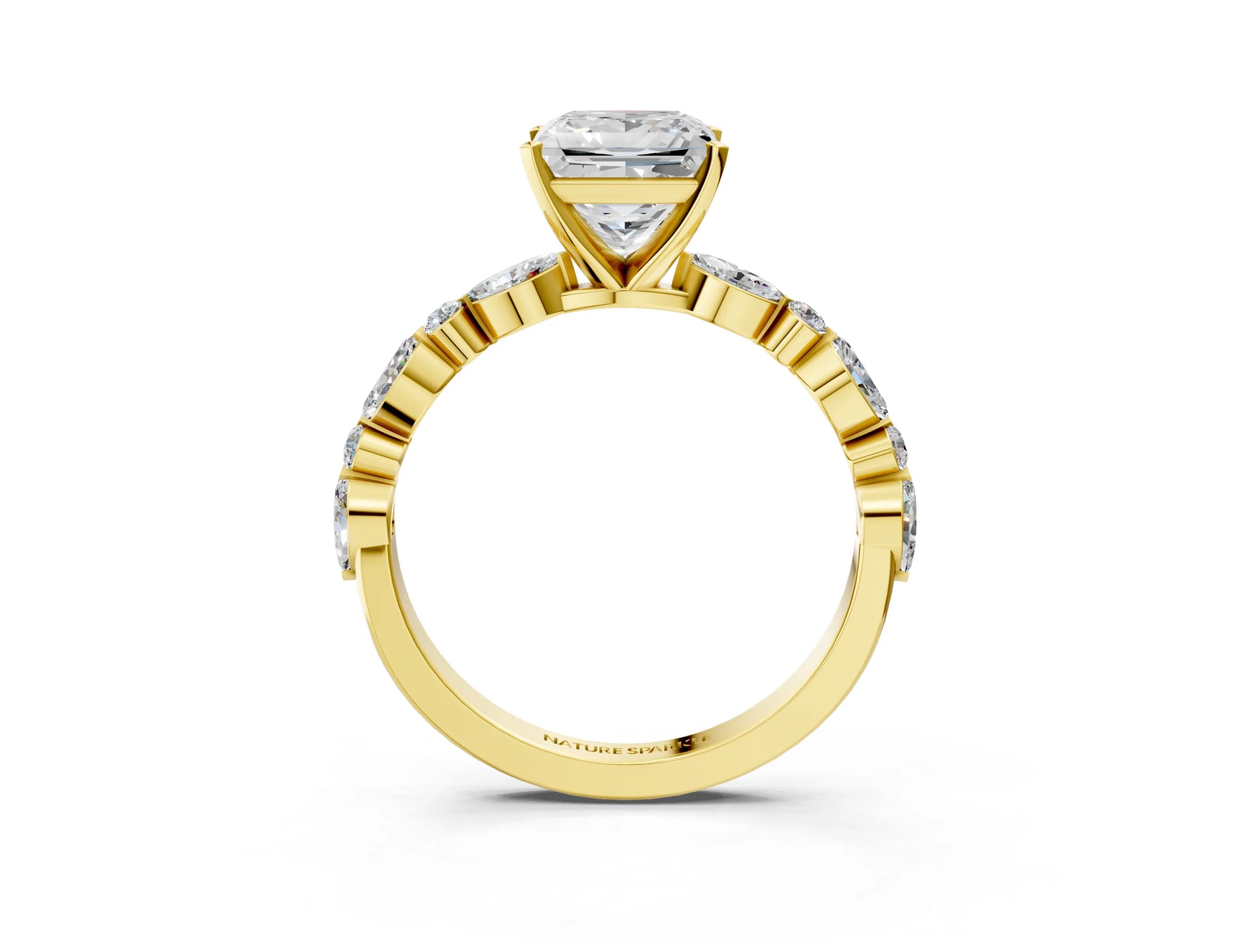 Princess Cut Diamond Solitaire Ring in Yellow gold with Shared Prong Marquise and Round Side Stones_39
