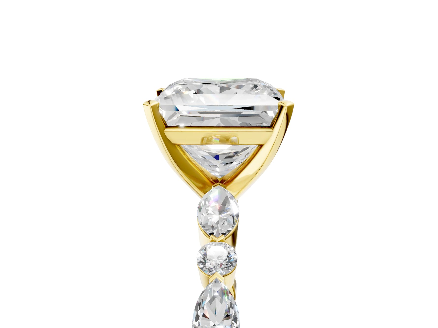 Princess Cut Diamond Solitaire Ring in Yellow gold with Shared Prong Marquise and Round Side Stones_41