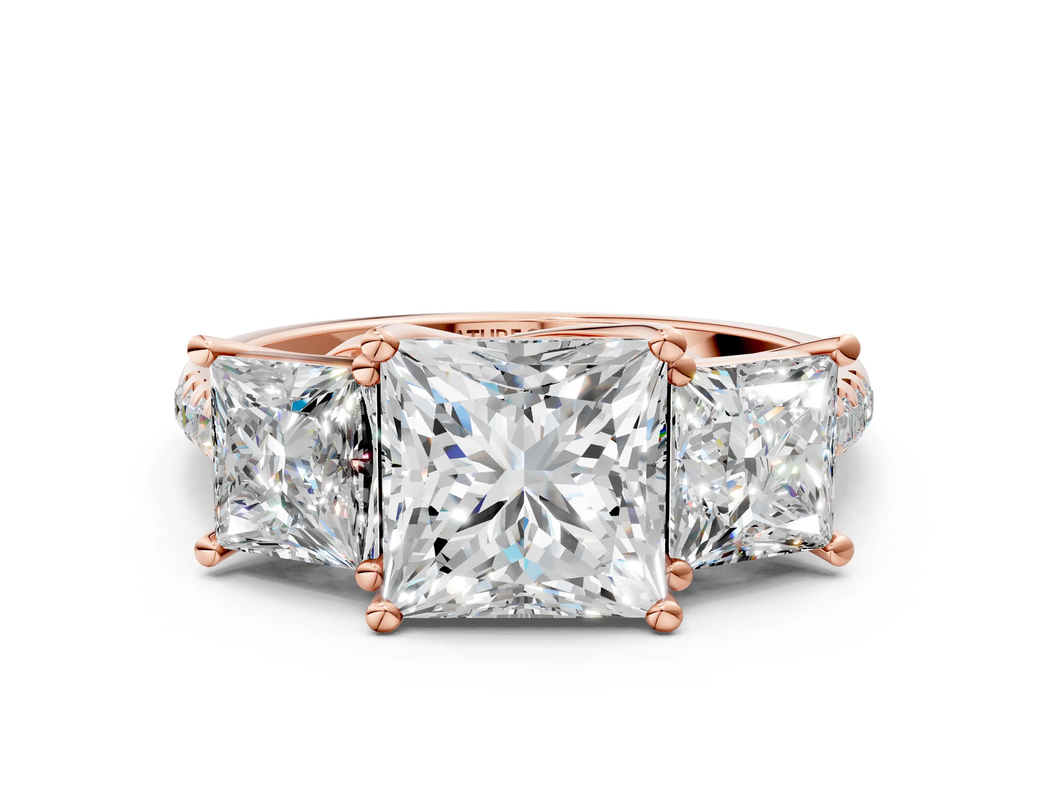 Princess Cut Diamond Trellis Three-Stone Engagement Ring in Rose gold with Round Side Stones_18