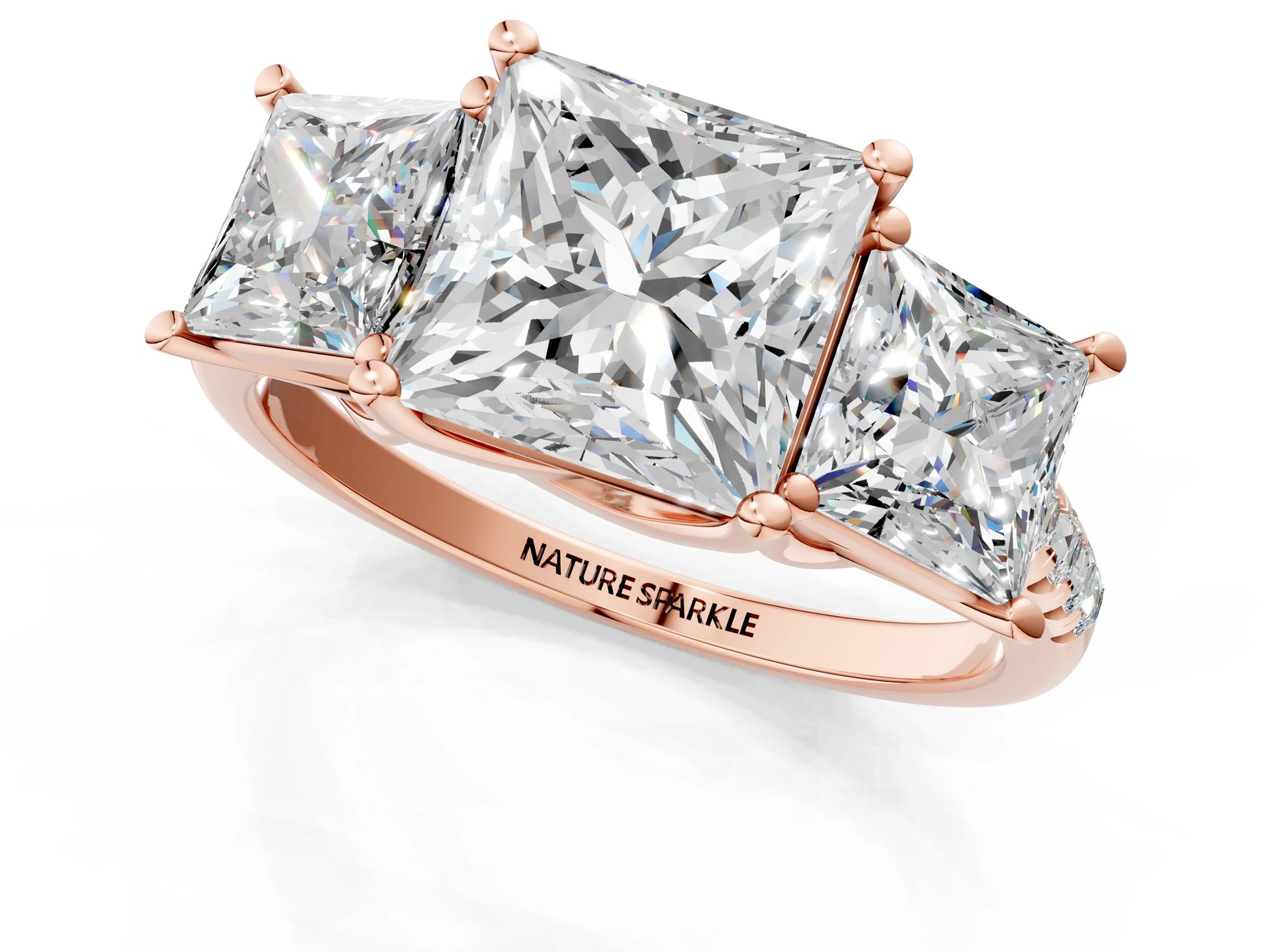 Princess Cut Diamond Trellis Three-Stone Engagement Ring in Rose gold with Round Side Stones_19