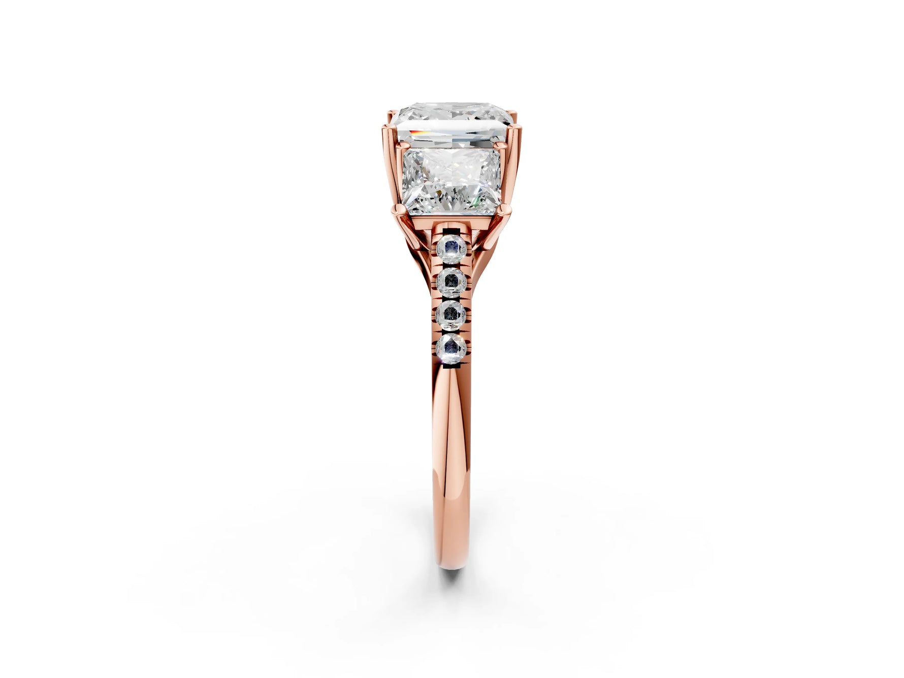 Princess Cut Diamond Trellis Three-Stone Engagement Ring in Rose gold with Round Side Stones_20