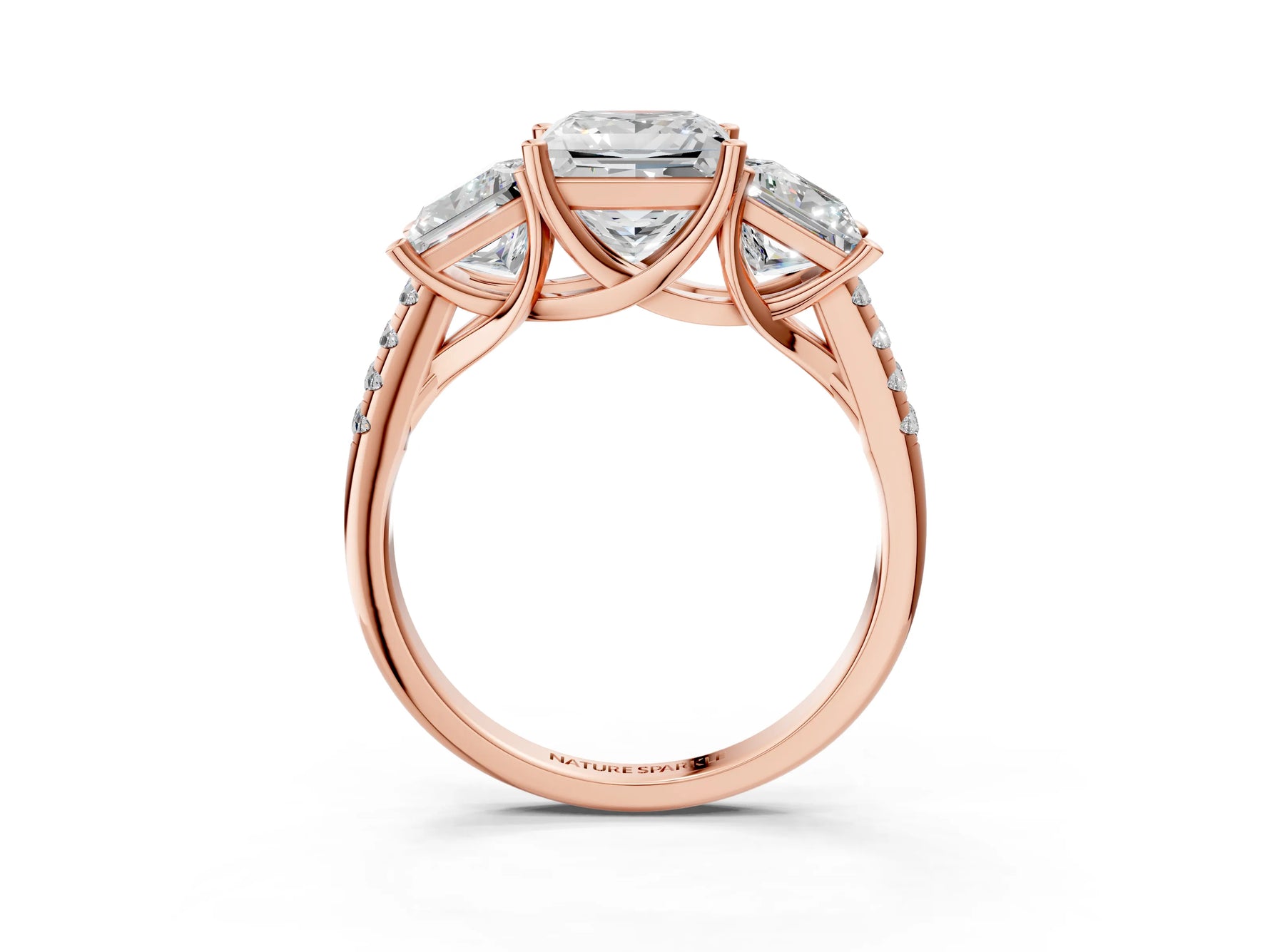 Princess Cut Diamond Trellis Three-Stone Engagement Ring in Rose gold with Round Side Stones_21