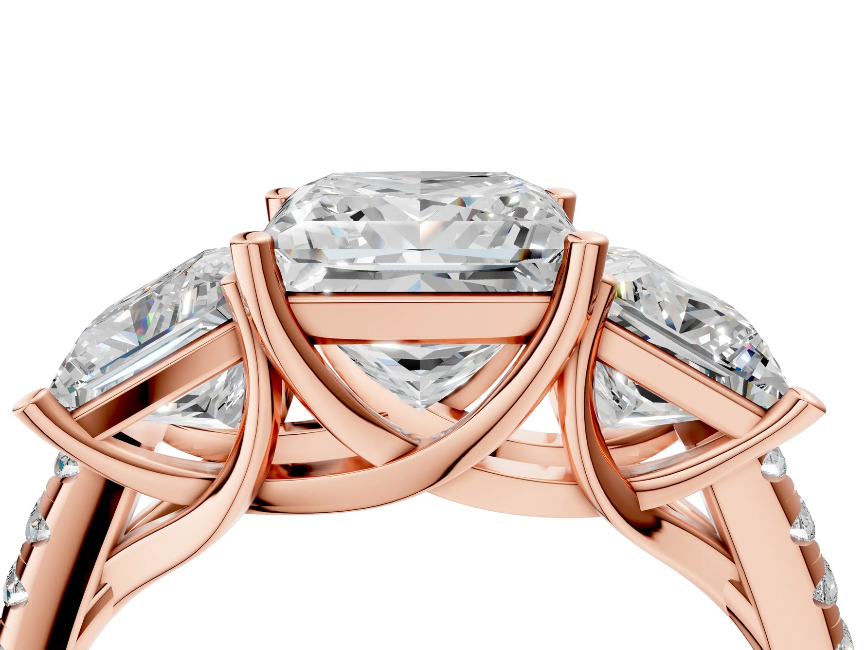 Princess Cut Diamond Trellis Three-Stone Engagement Ring in Rose gold with Round Side Stones_22