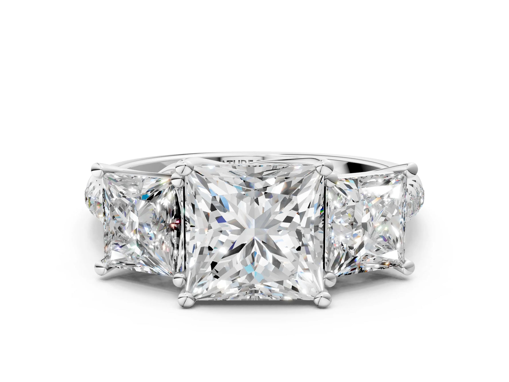 Princess Cut Diamond Trellis Three-Stone Engagement Ring in White gold with Round Side Stones_18