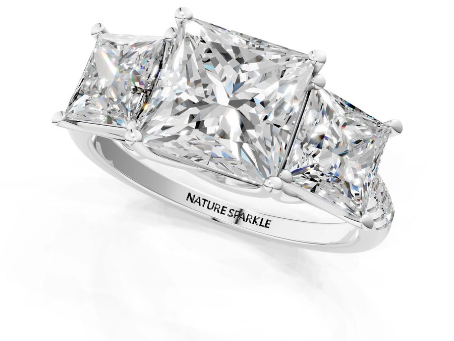 Princess Cut Diamond Trellis Three-Stone Engagement Ring in Platinum with Round Side Stones