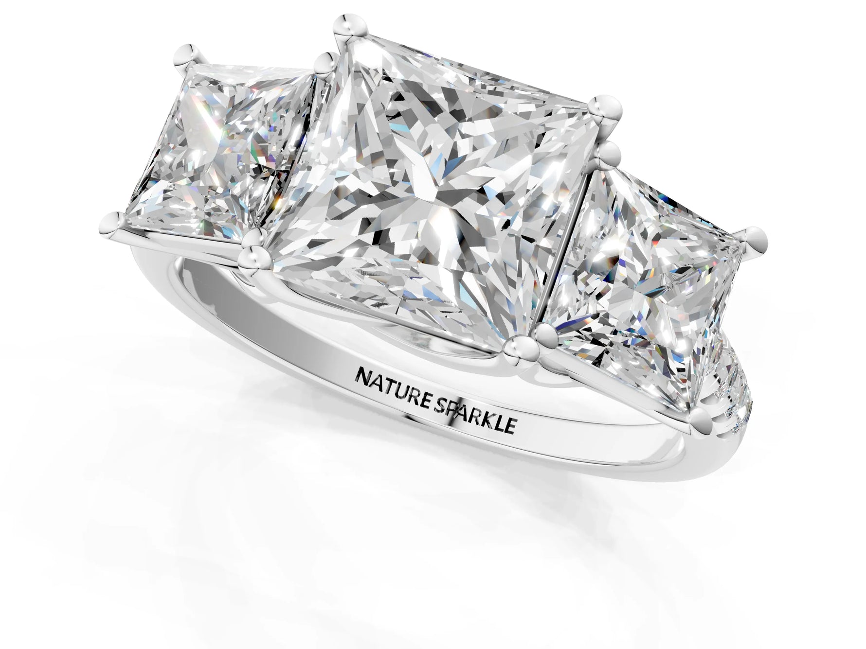 Princess Cut Diamond Trellis Three-Stone Engagement Ring in White gold with Round Side Stones_19