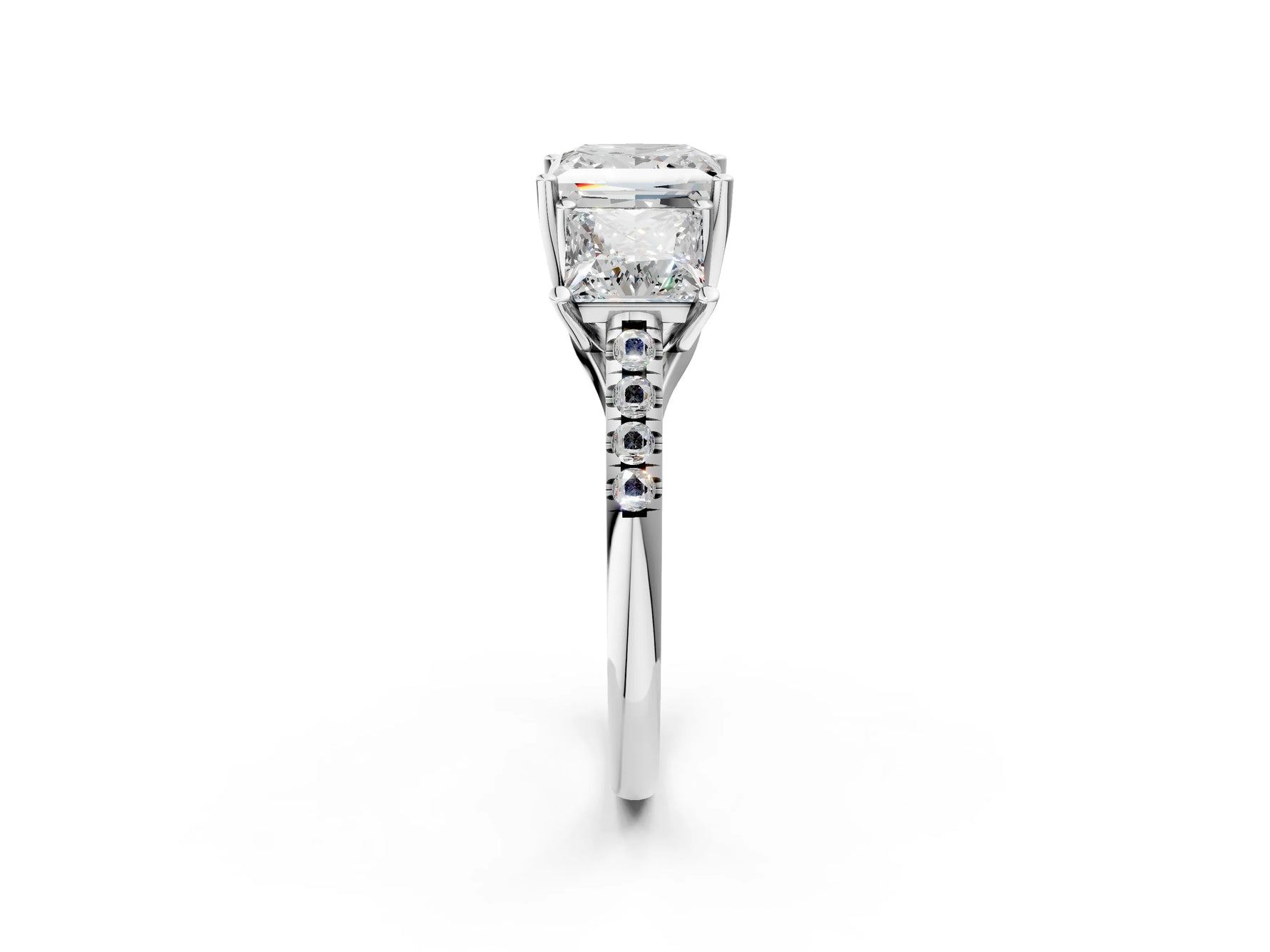 Princess Cut Diamond Trellis Three-Stone Engagement Ring in White gold with Round Side Stones_20