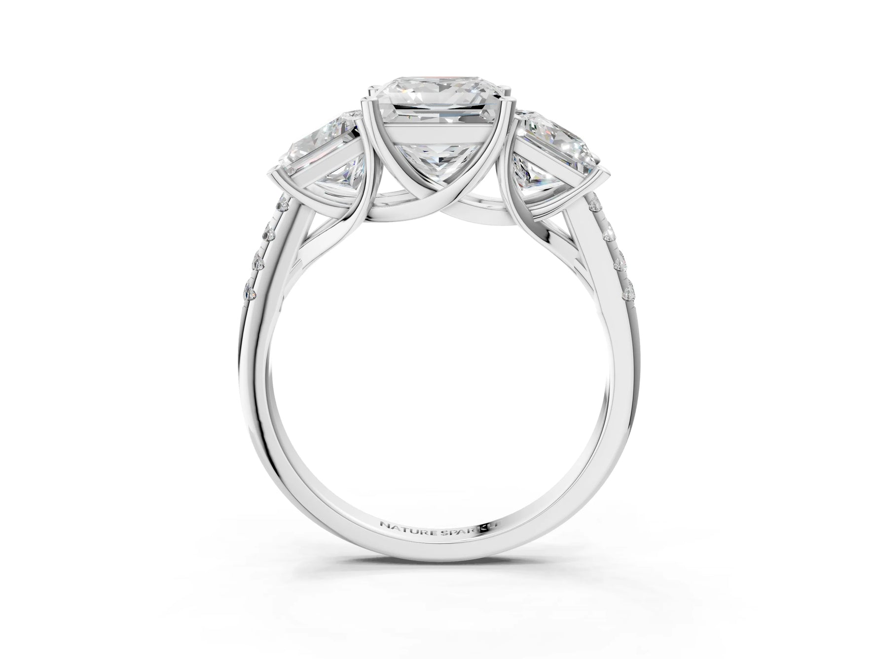 Princess Cut Diamond Trellis Three-Stone Engagement Ring in White gold with Round Side Stones_21