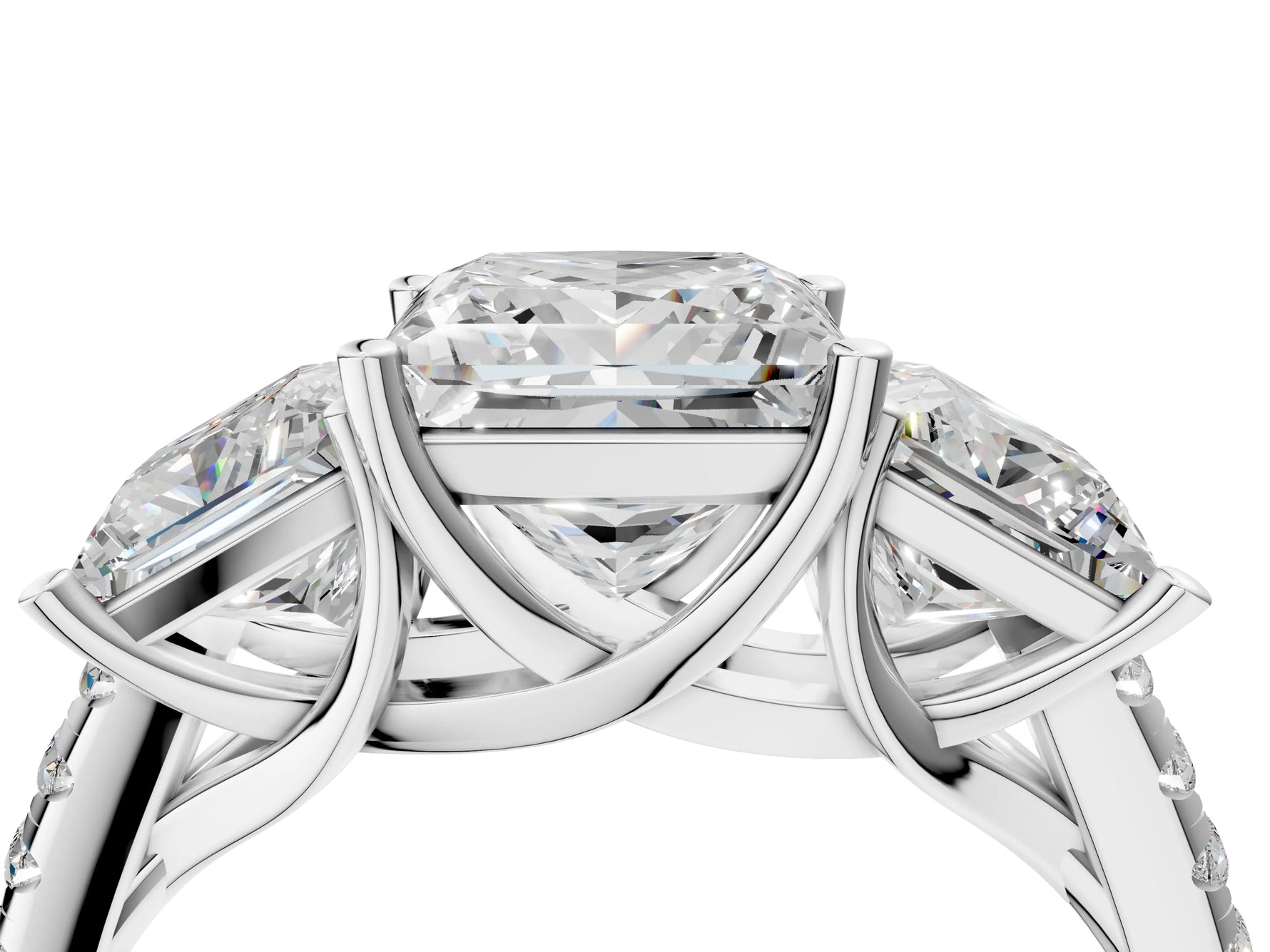 Princess Cut Diamond Trellis Three-Stone Engagement Ring in White gold with Round Side Stones_22
