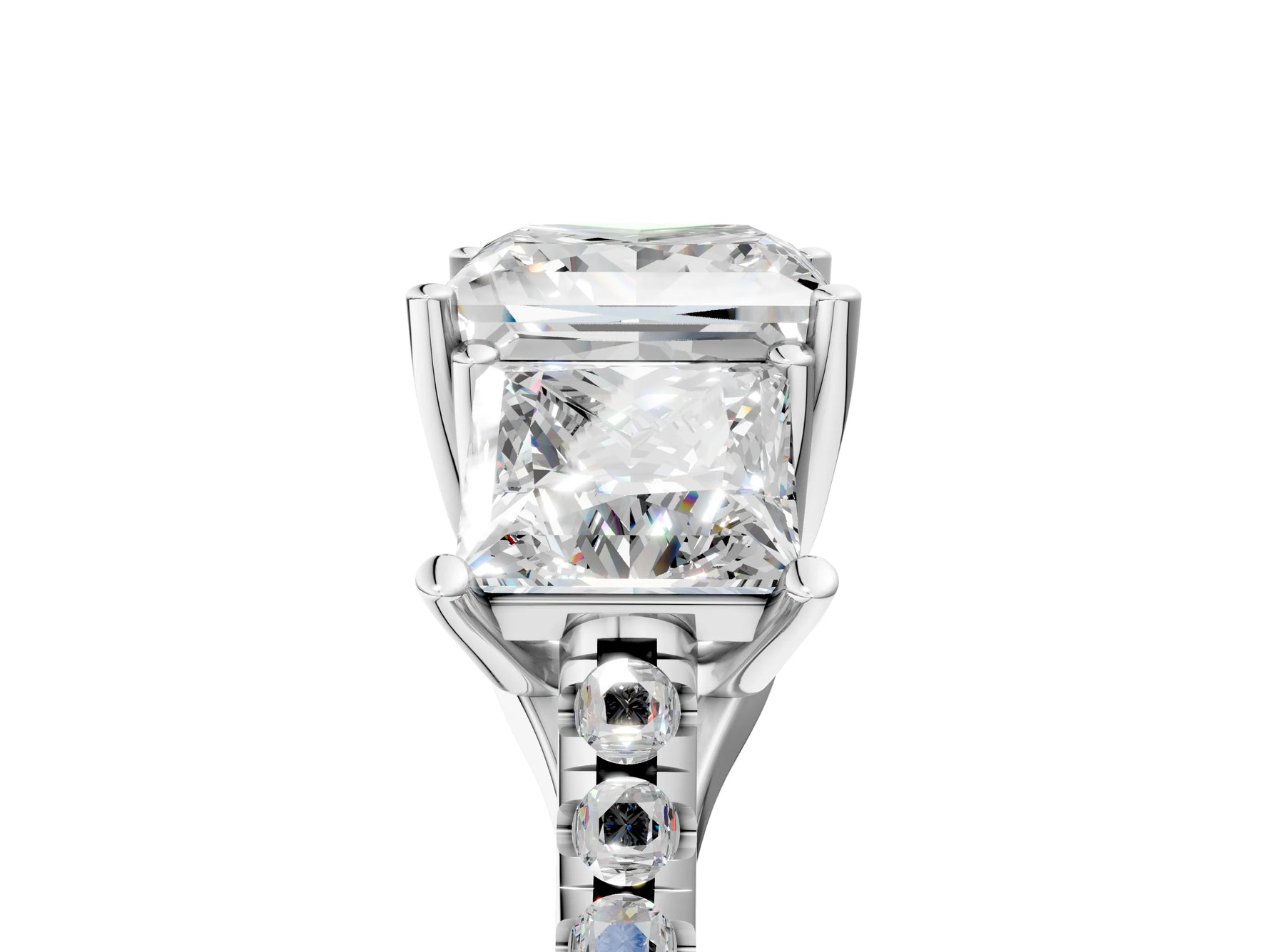 Princess Cut Diamond Trellis Three-Stone Engagement Ring in White gold with Round Side Stones_23
