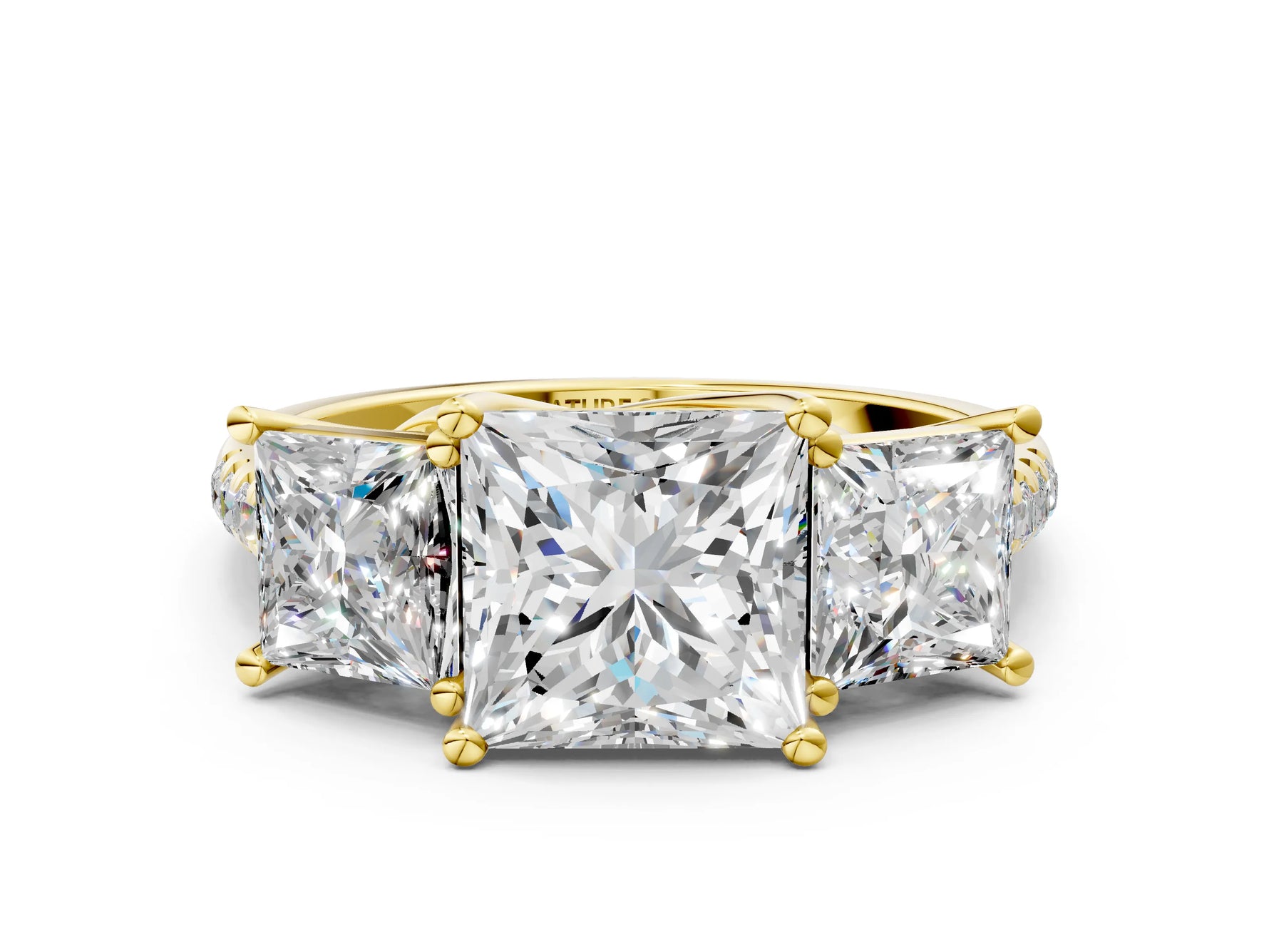 Princess Cut Diamond Trellis Three-Stone Engagement Ring in Yellow gold with Round Side Stones_18