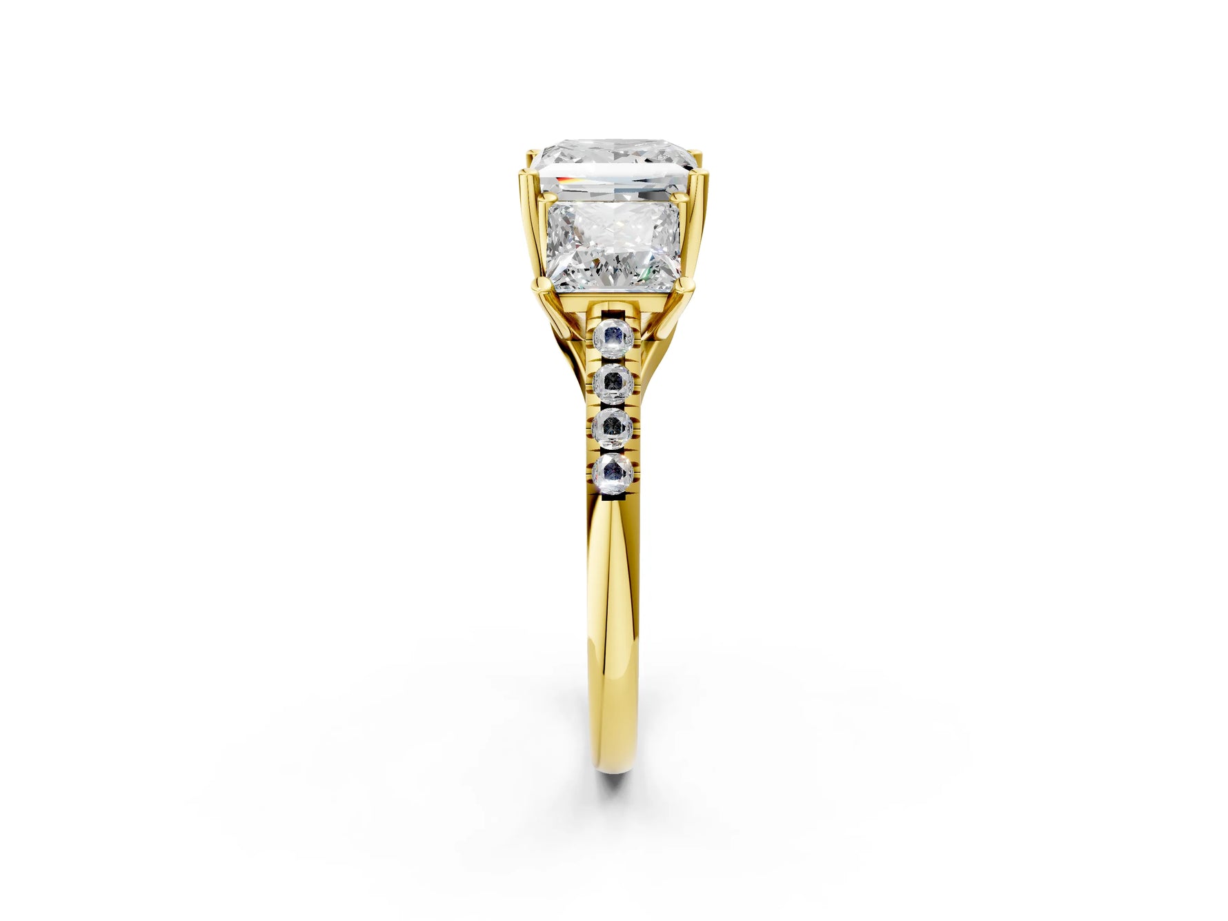 Princess Cut Diamond Trellis Three-Stone Engagement Ring in Yellow gold with Round Side Stones_20
