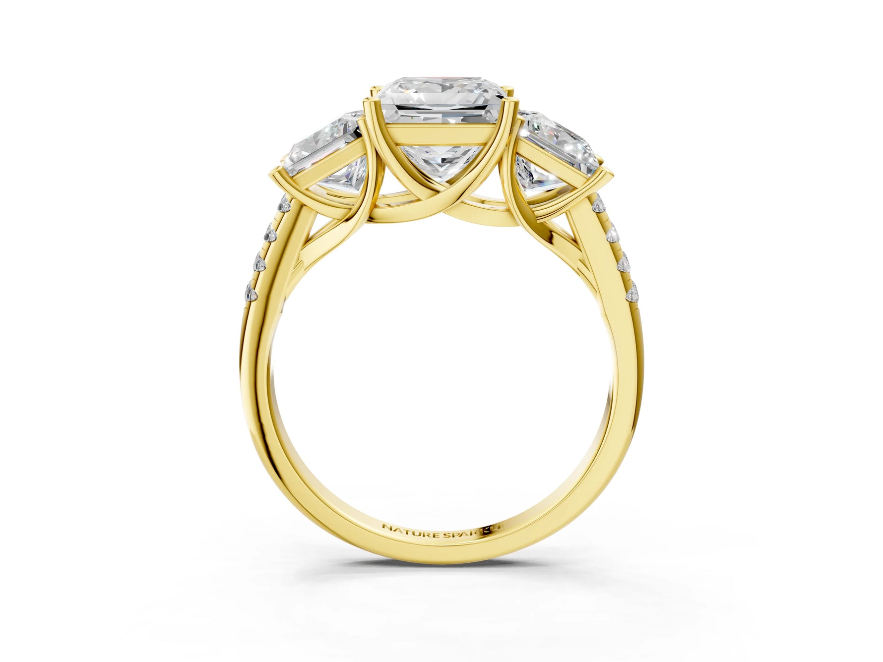 Princess Cut Diamond Trellis Three-Stone Engagement Ring in Yellow gold with Round Side Stones_21