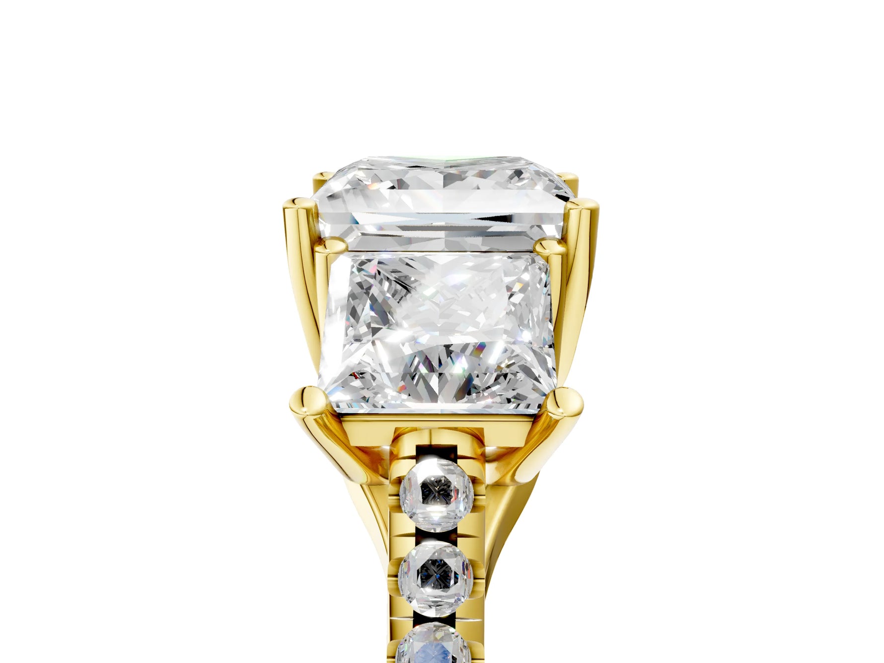 Princess Cut Diamond Trellis Three-Stone Engagement Ring in Yellow gold with Round Side Stones_23