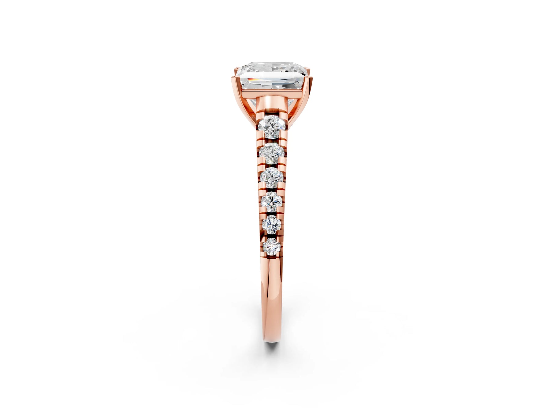 Princess Cut Diamond Vintage Scroll Solitaire Ring in Rose gold with Graduated Round Side Stones_14