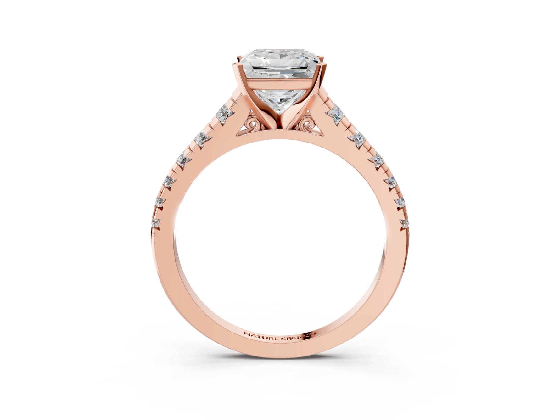 Princess Cut Diamond Vintage Scroll Solitaire Ring in Rose gold with Graduated Round Side Stones_15