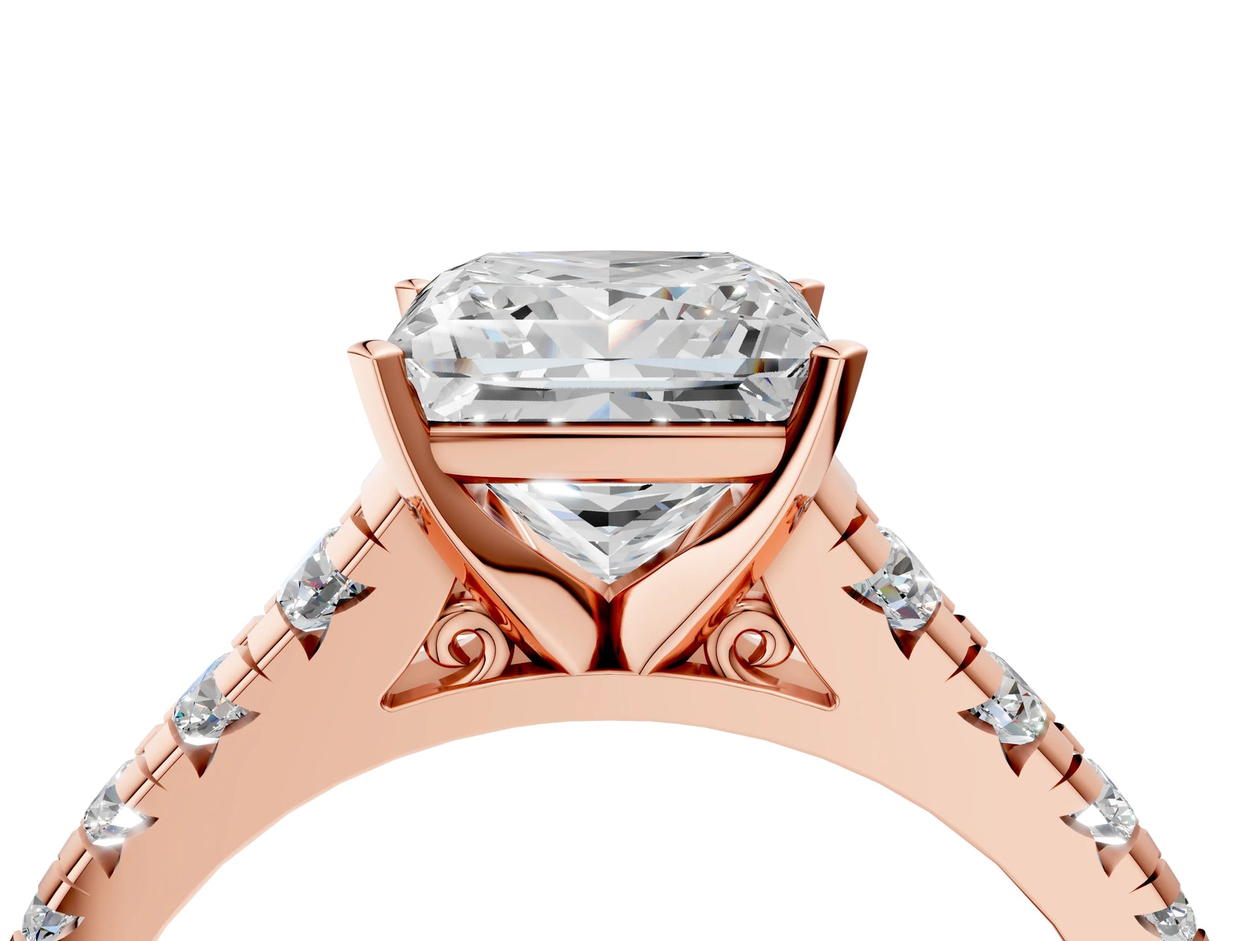Princess Cut Diamond Vintage Scroll Solitaire Ring in Rose gold with Graduated Round Side Stones_16