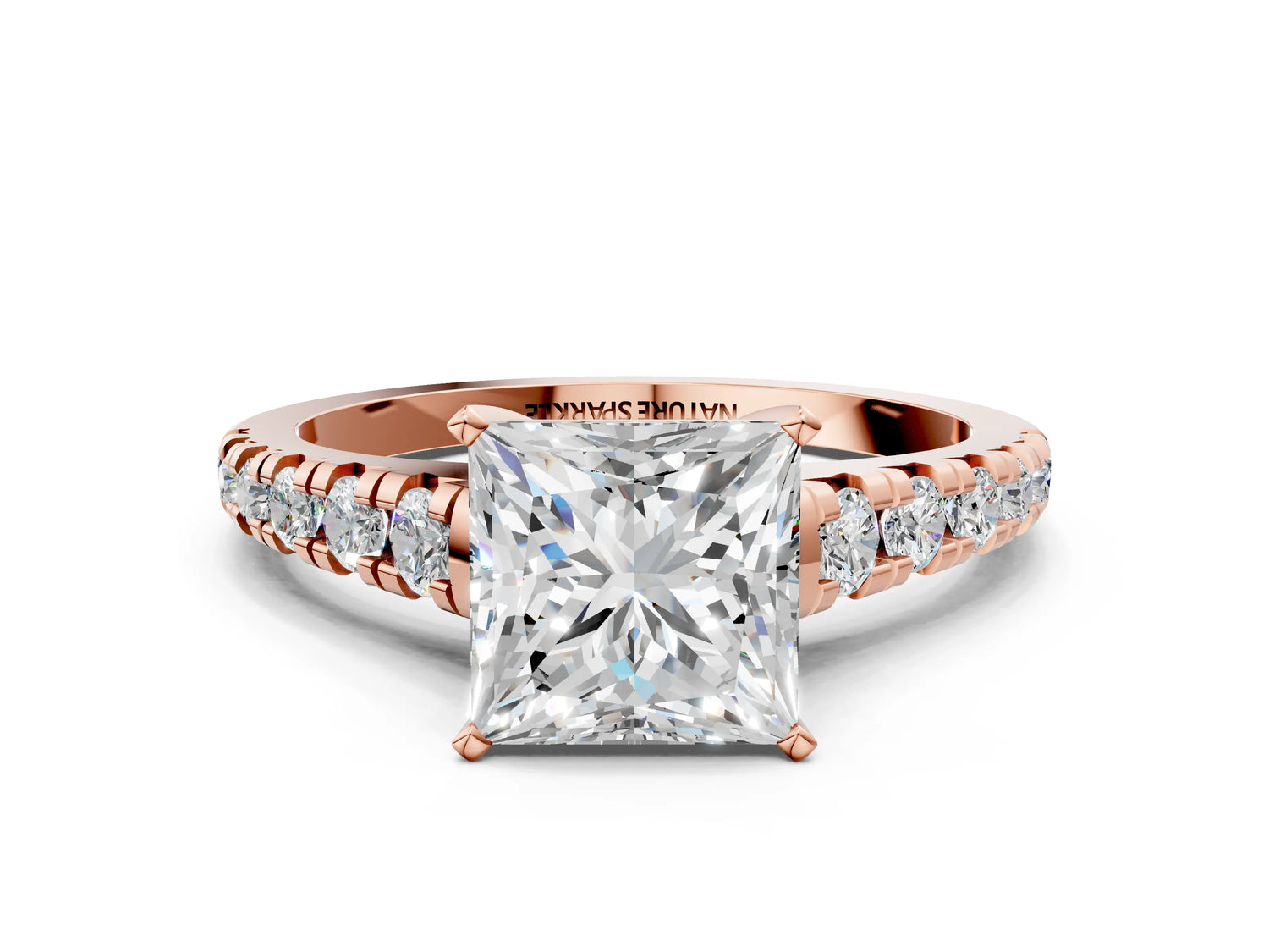 Princess Cut Diamond Vintage Scroll Solitaire Ring in Rose gold with Graduated Round Side Stones_24
