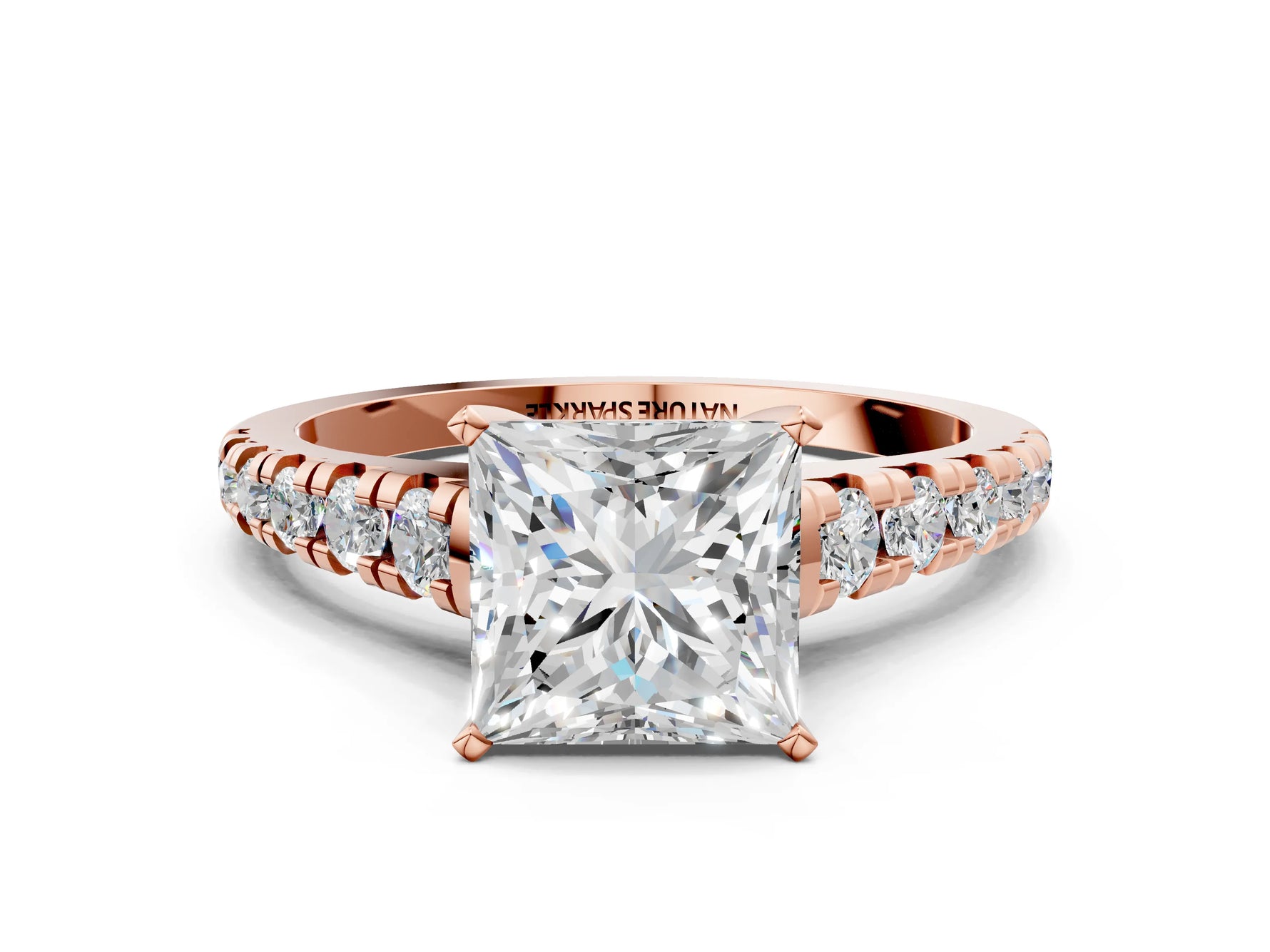 Princess Cut Diamond Vintage Scroll Solitaire Ring in Rose gold with Graduated Round Side Stones_24
