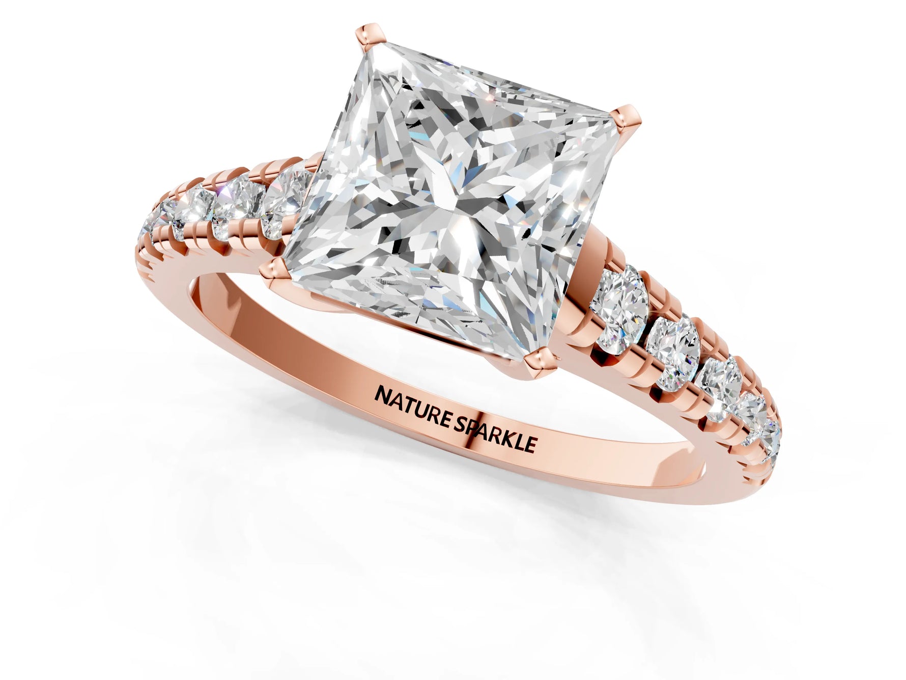 Princess Cut Diamond Vintage Scroll Solitaire Ring in Rose gold with Graduated Round Side Stones_25