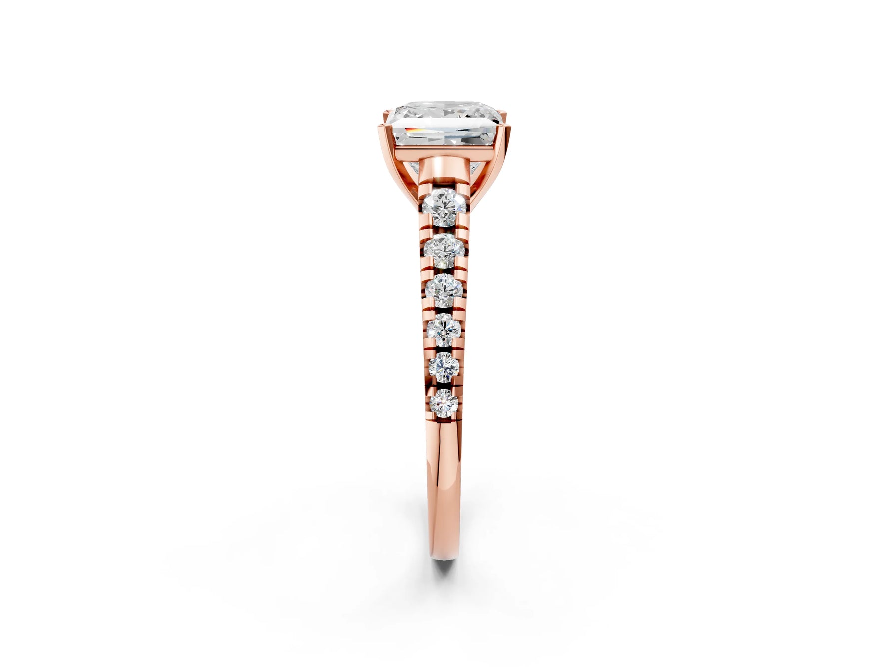 Princess Cut Diamond Vintage Scroll Solitaire Ring in Rose gold with Graduated Round Side Stones_26