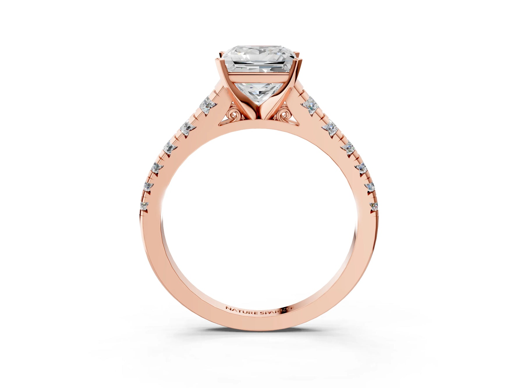 Princess Cut Diamond Vintage Scroll Solitaire Ring in Rose gold with Graduated Round Side Stones_27