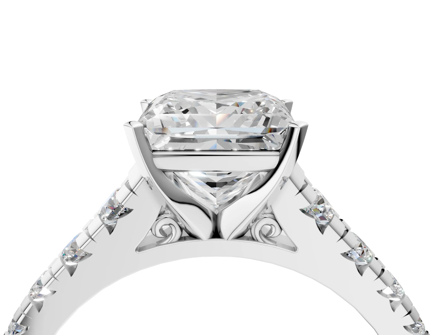Princess Cut Diamond Vintage Scroll Solitaire Ring in White gold with Graduated Round Side Stones_10