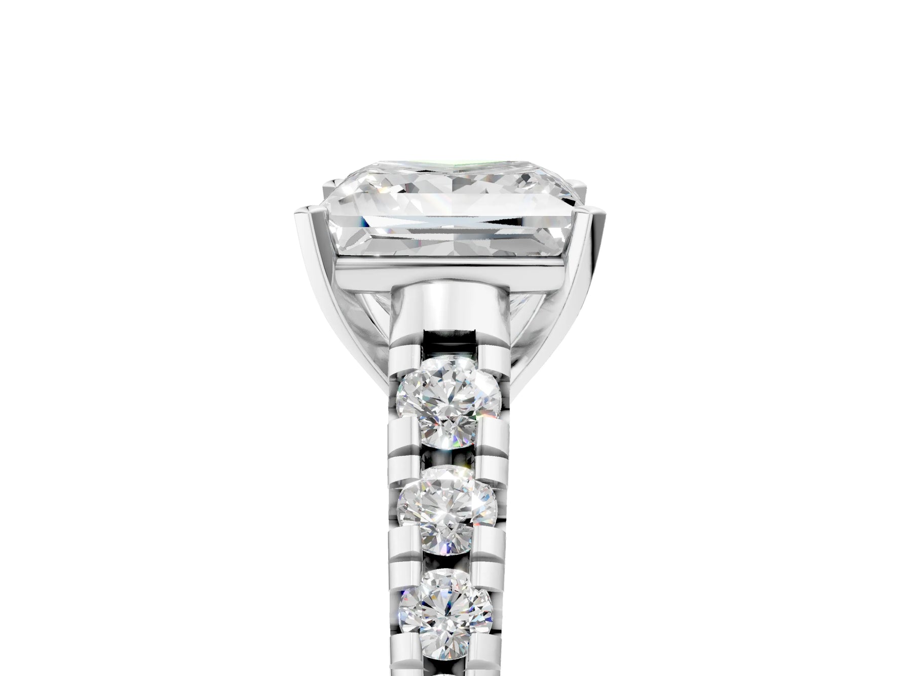 Princess Cut Diamond Vintage Scroll Solitaire Ring in White gold with Graduated Round Side Stones_11