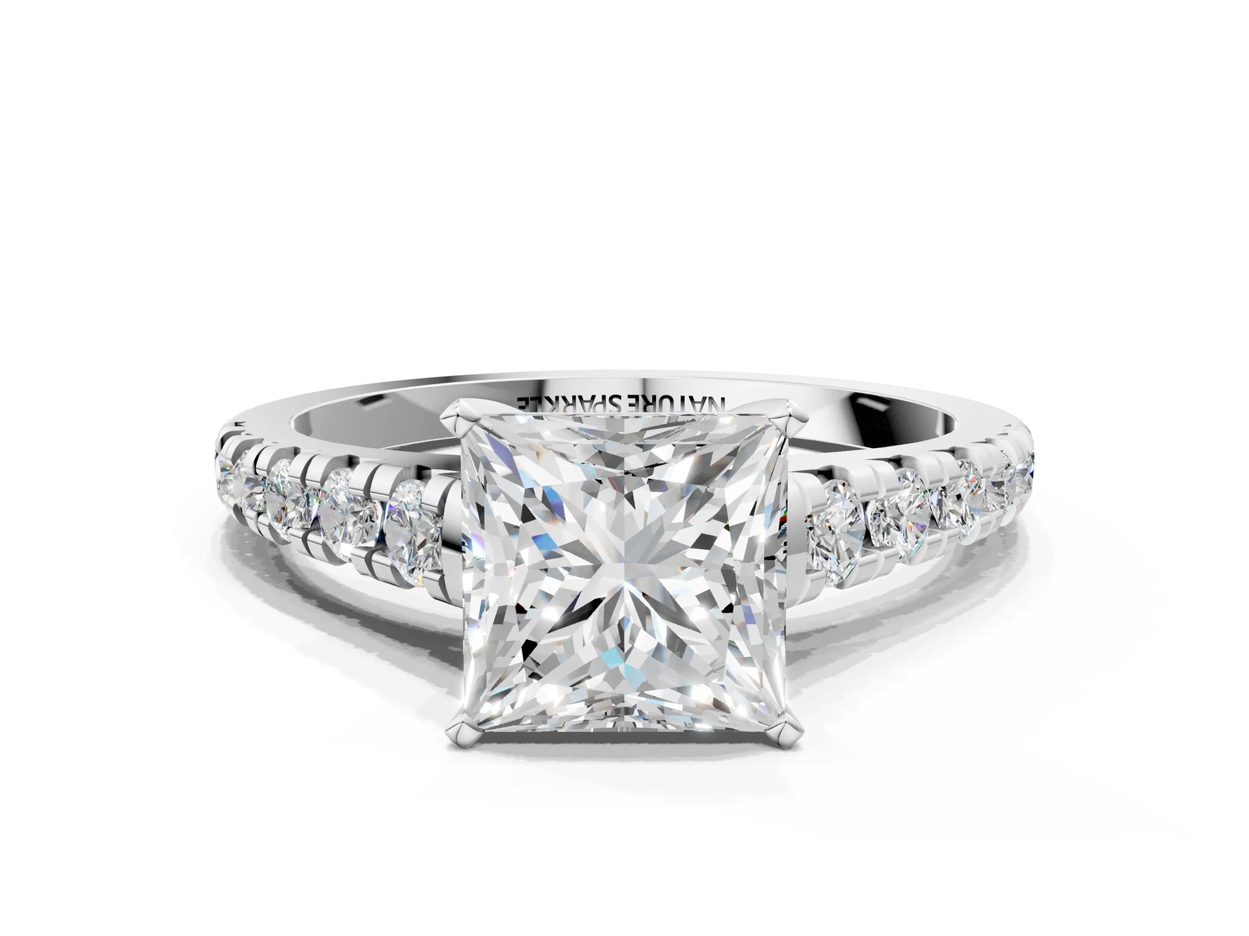 Princess Cut Diamond Vintage Scroll Solitaire Ring in White gold with Graduated Round Side Stones_18