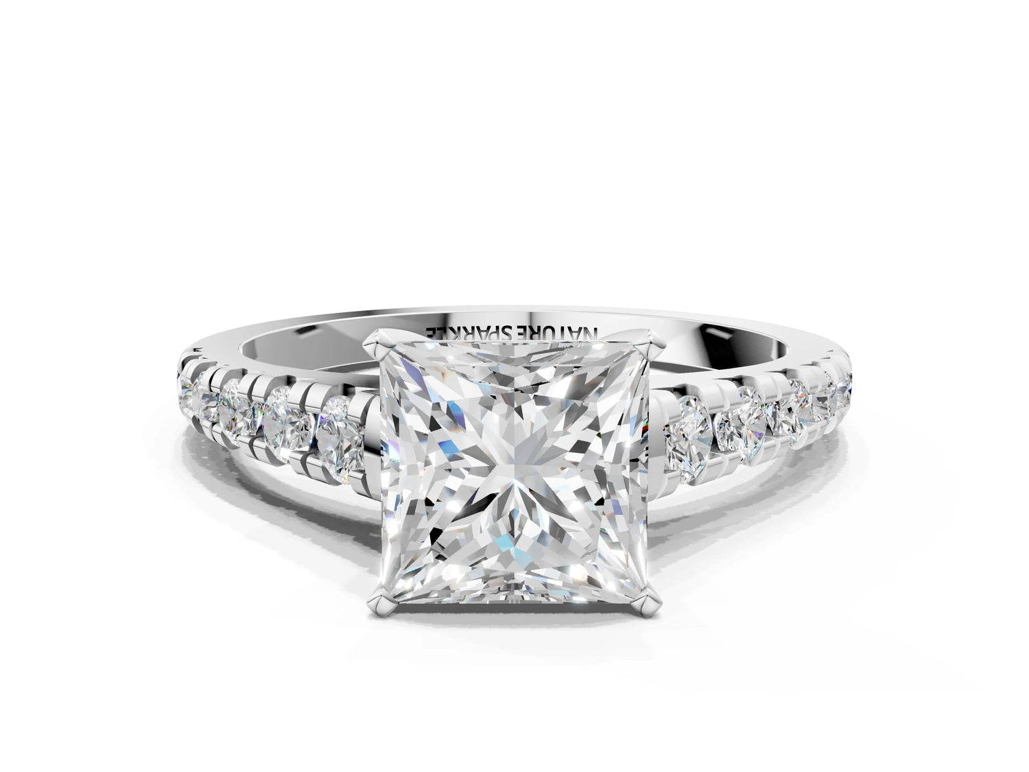 Princess Cut Diamond Vintage Scroll Solitaire Ring in White gold with Graduated Round Side Stones_18