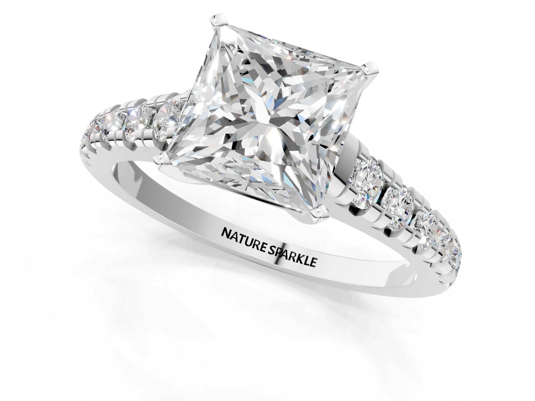 Princess Cut Diamond Vintage Scroll Solitaire Ring in White gold with Graduated Round Side Stones_19