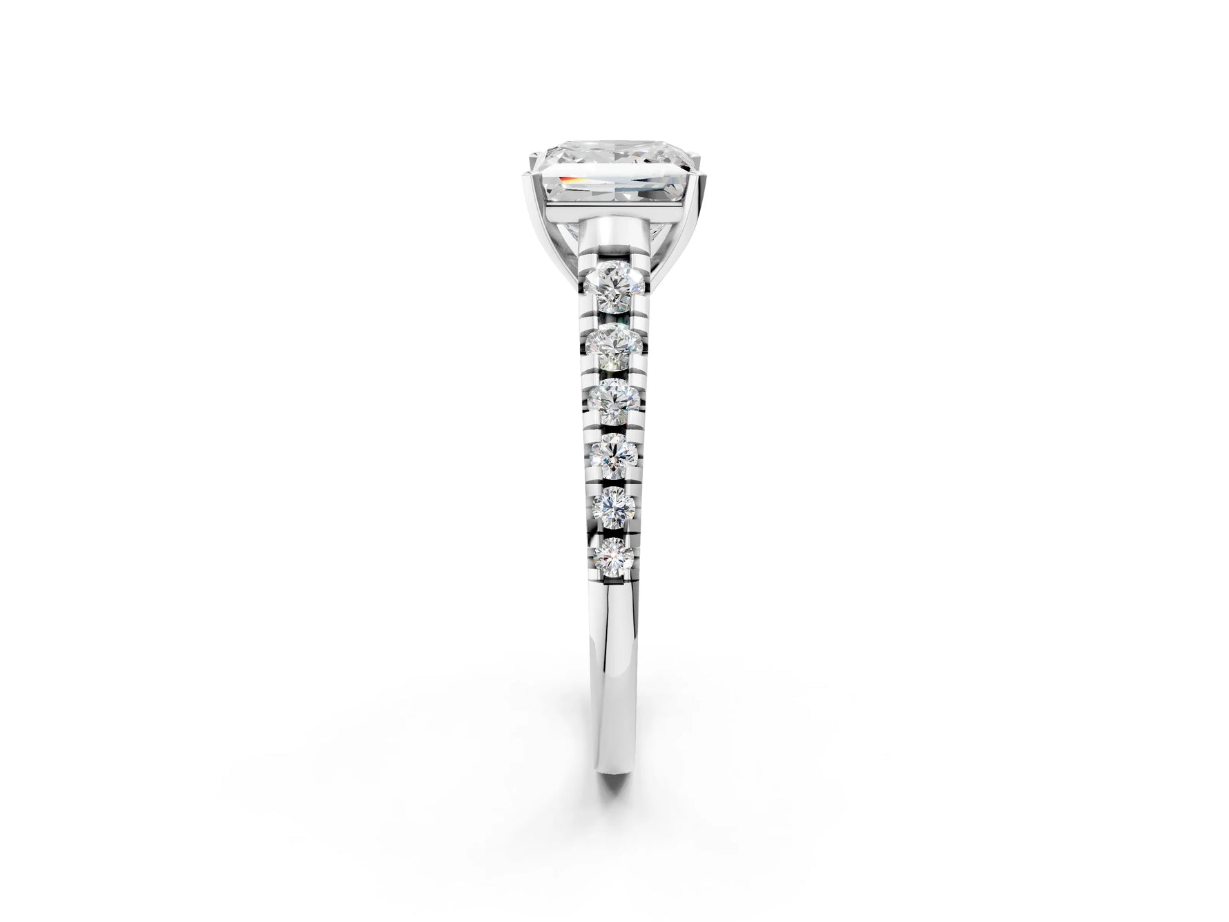 Princess Cut Diamond Vintage Scroll Solitaire Ring in White gold with Graduated Round Side Stones_20