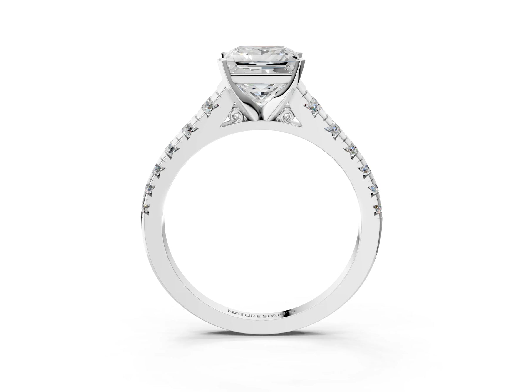 Princess Cut Diamond Vintage Scroll Solitaire Ring in White gold with Graduated Round Side Stones_21