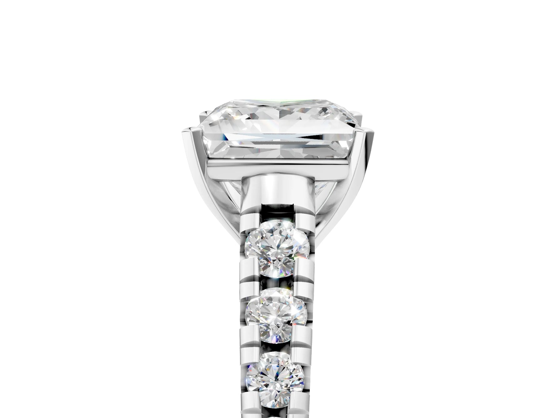 Princess Cut Diamond Vintage Scroll Solitaire Ring in White gold with Graduated Round Side Stones_23
