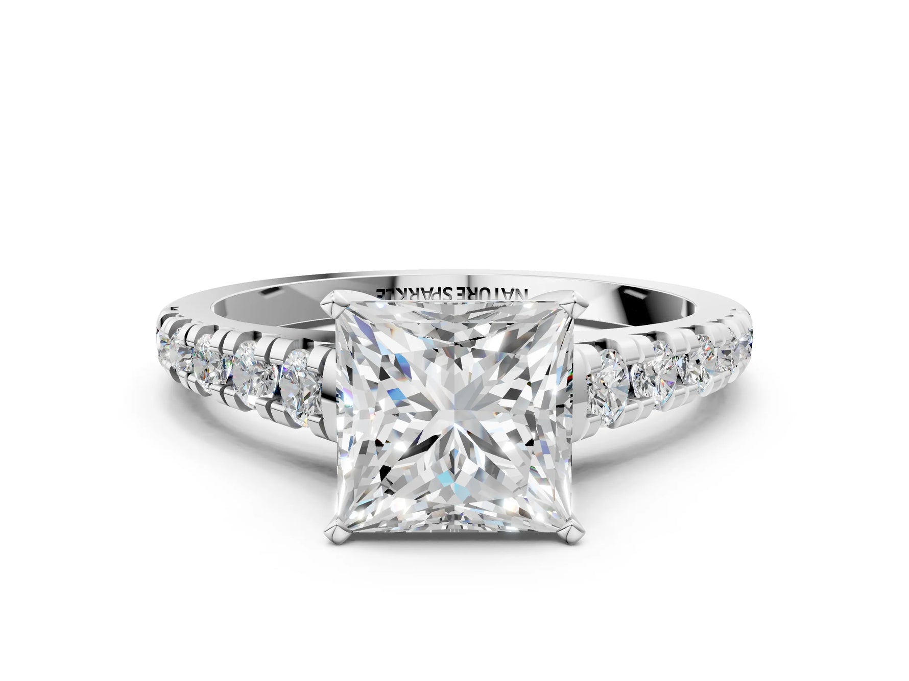 Princess Cut Diamond Vintage Scroll Solitaire Ring in White gold with Graduated Round Side Stones_6