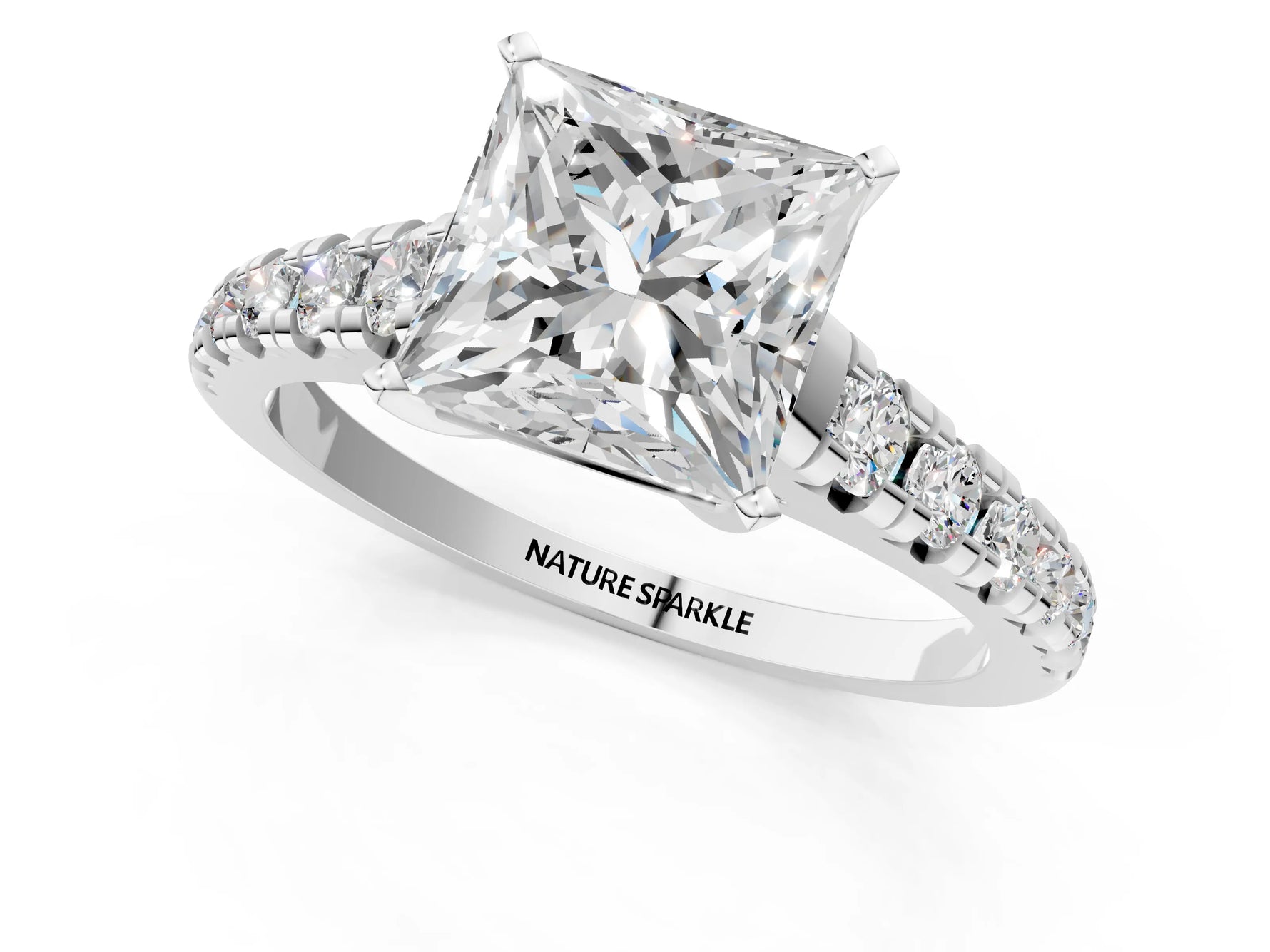 Princess Cut Diamond Vintage Scroll Solitaire Ring in White gold with Graduated Round Side Stones_7