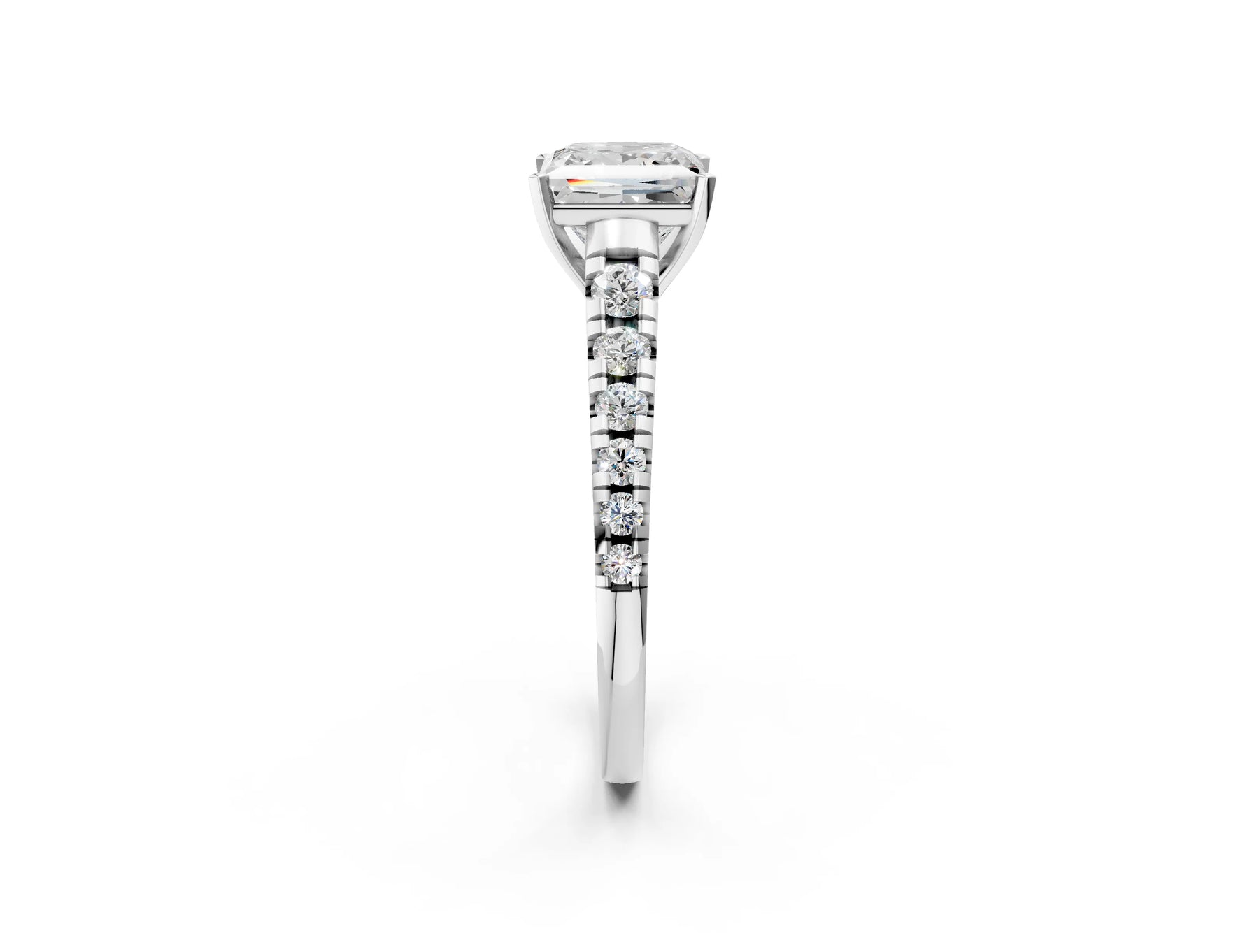 Princess Cut Diamond Vintage Scroll Solitaire Ring in White gold with Graduated Round Side Stones_8