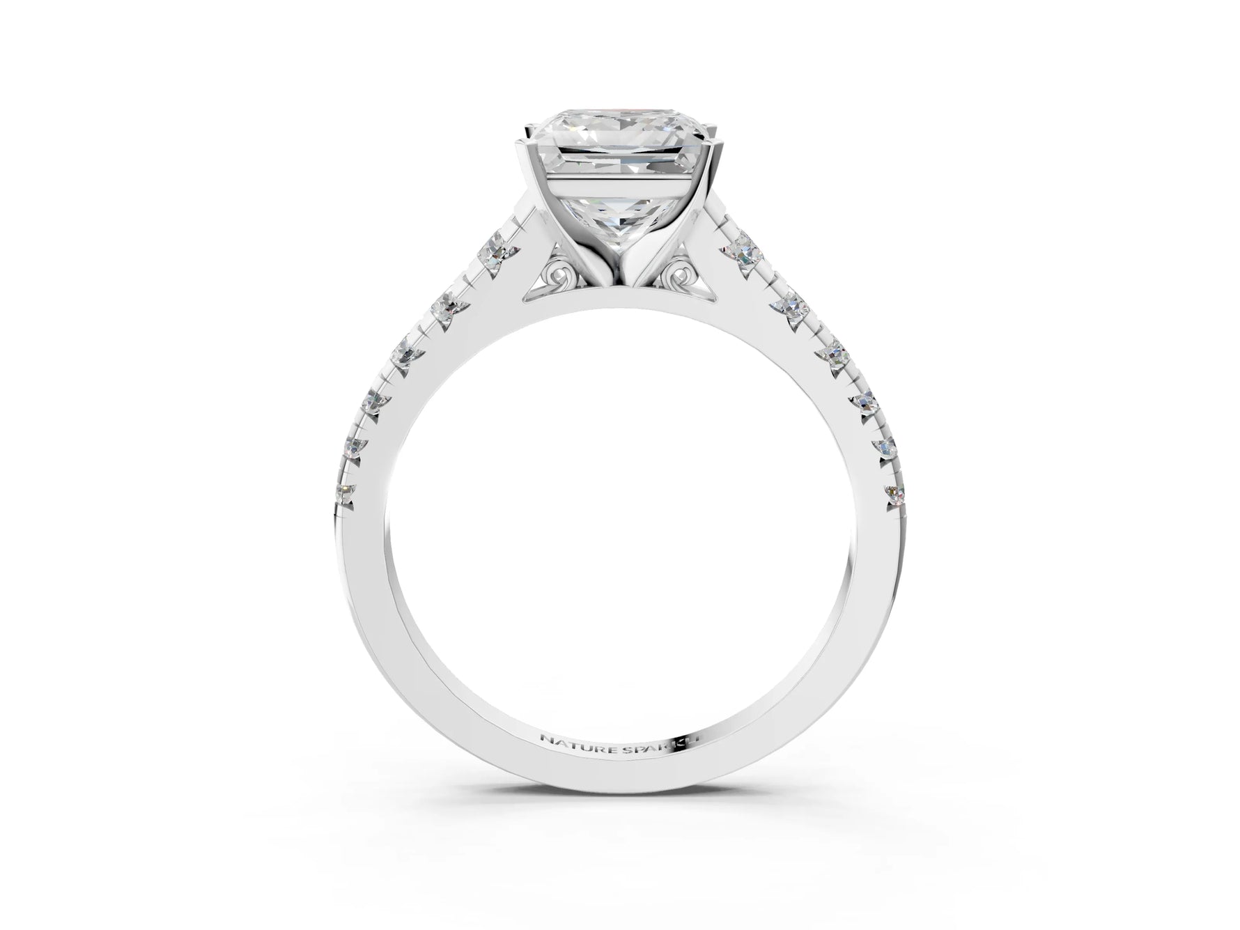 Princess Cut Diamond Vintage Scroll Solitaire Ring in White gold with Graduated Round Side Stones_9