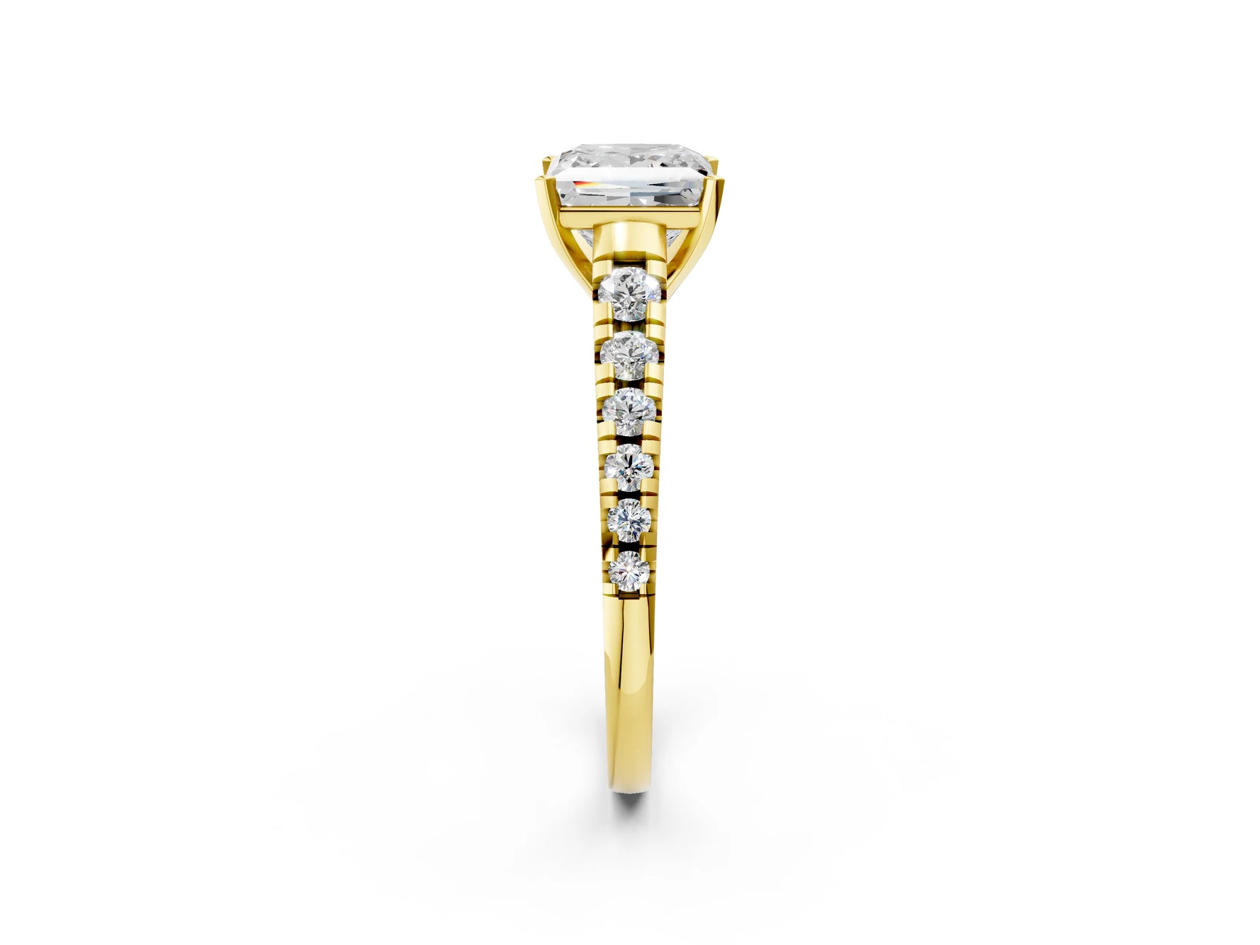 Princess Cut Diamond Vintage Scroll Solitaire Ring in Yellow gold with Graduated Round Side Stones_14