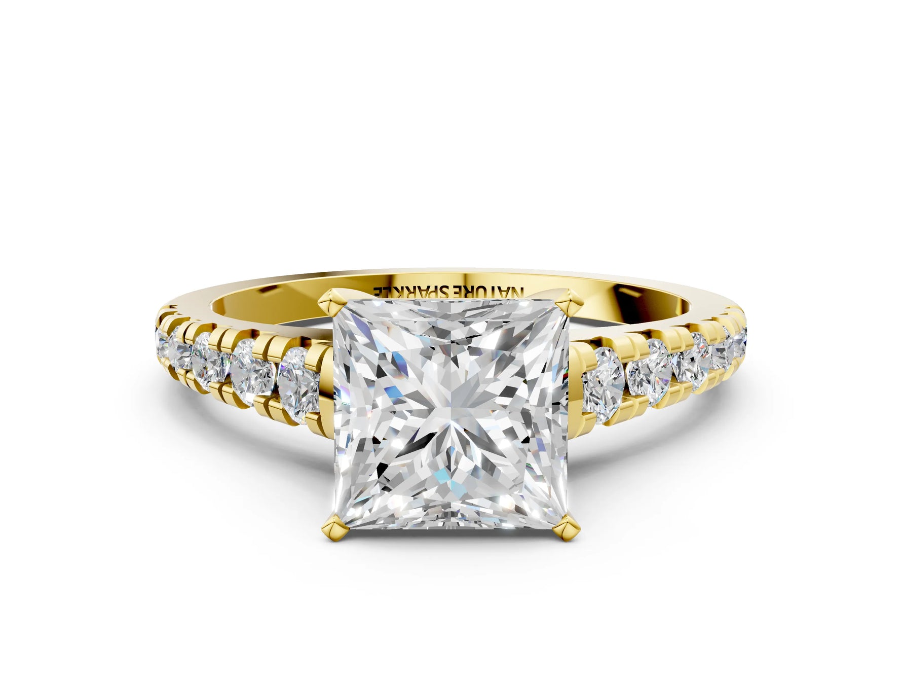 Princess Cut Diamond Vintage Scroll Solitaire Ring in Yellow gold with Graduated Round Side Stones_24