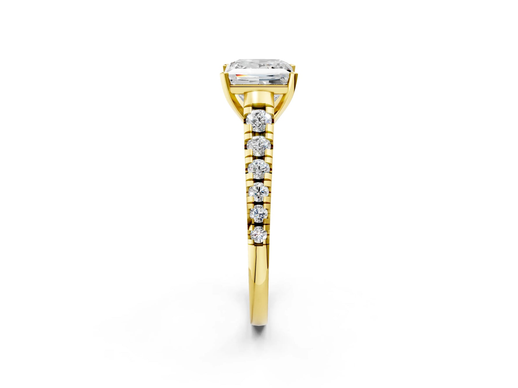 Princess Cut Diamond Vintage Scroll Solitaire Ring in Yellow gold with Graduated Round Side Stones_26