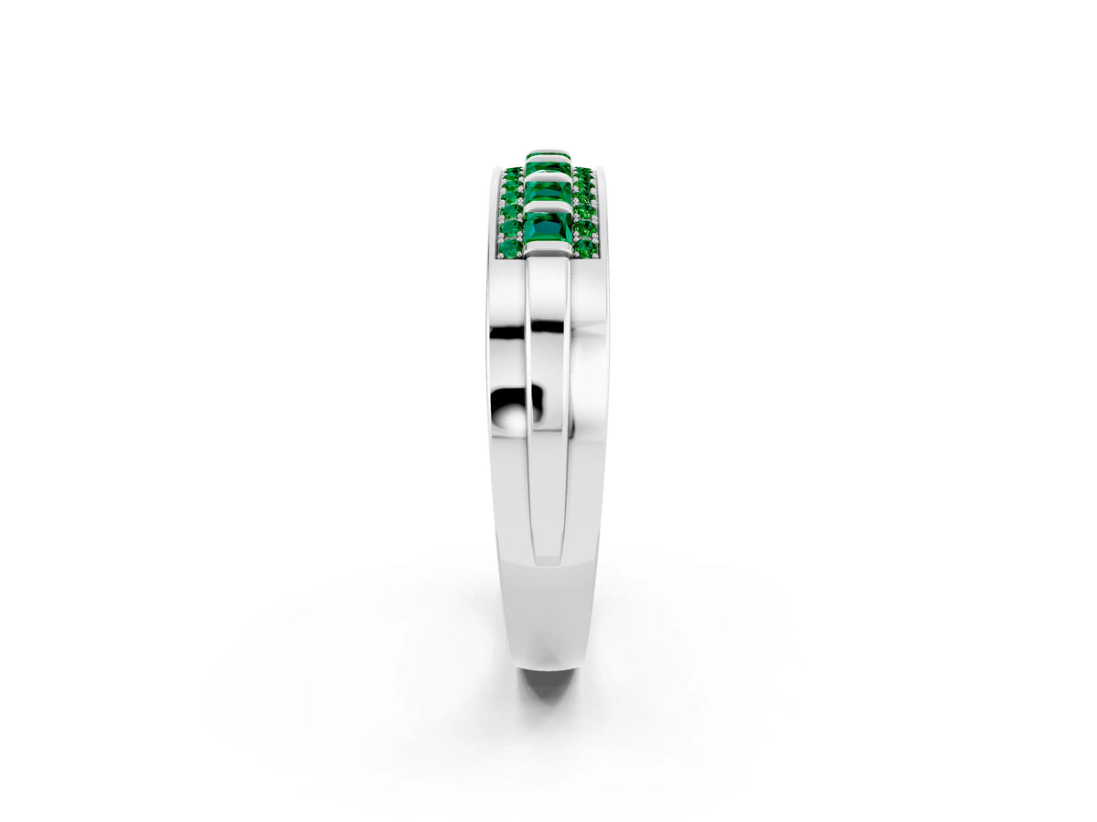 Princess Cut Emerald Bar-Set Pavé Band in Platinum with Grooved Edge Detailing_2
