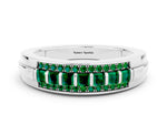 Princess Cut Emerald Bar-Set Pavé Band in Silver with Grooved Edge Detailing