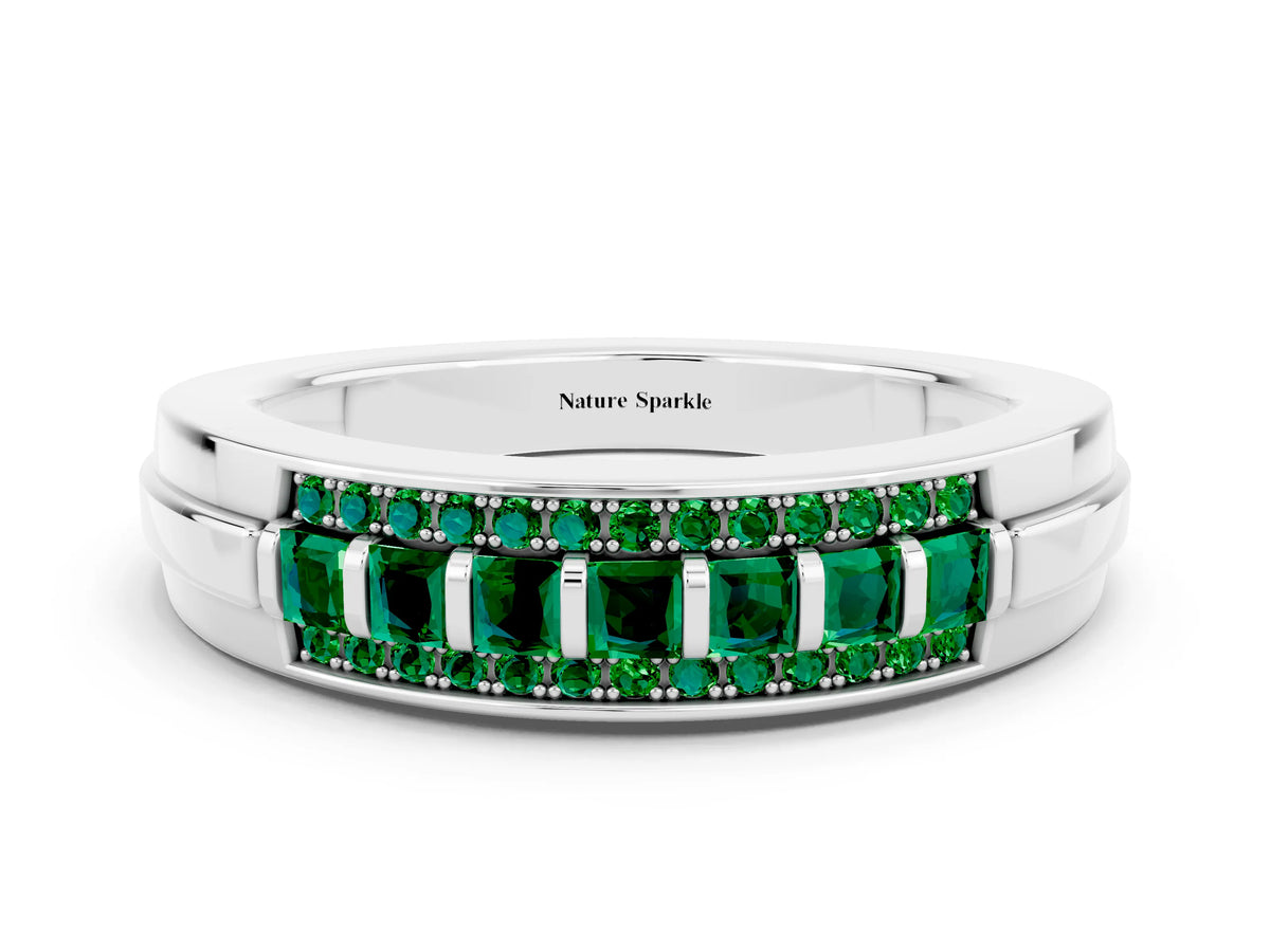 Princess Cut Emerald Bar-Set Pavé Band in Silver with Grooved Edge Detailing