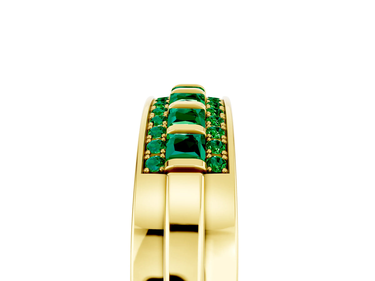 Princess Cut Emerald Bar-Set Pavé Band in Yellow gold with Grooved Edge Detailing_5