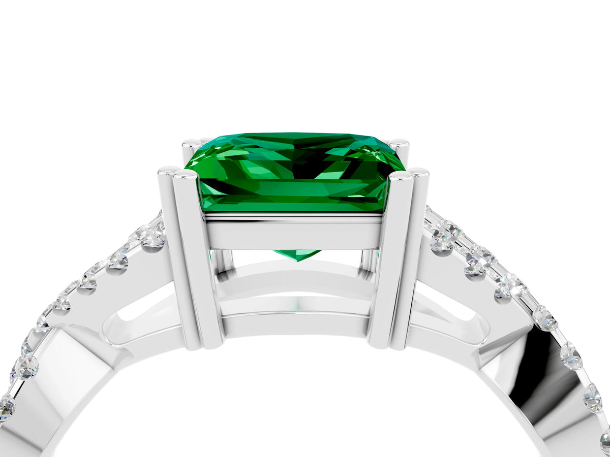 Princess Cut Emerald Solitaire Ring in Platinum with Interwoven Pavé Band and Prong Setting_10