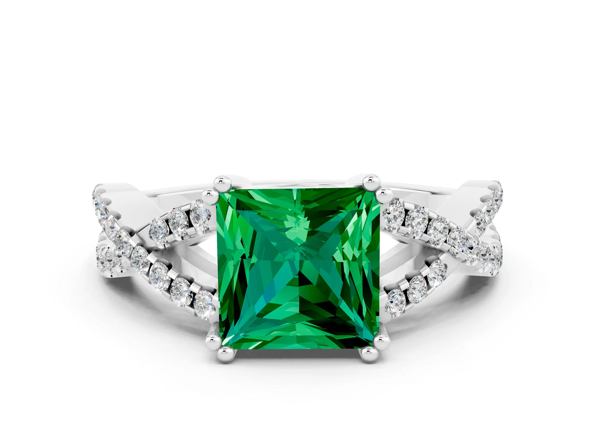 Princess Cut Emerald Solitaire Ring in Platinum with Interwoven Pavé Band and Prong Setting_6